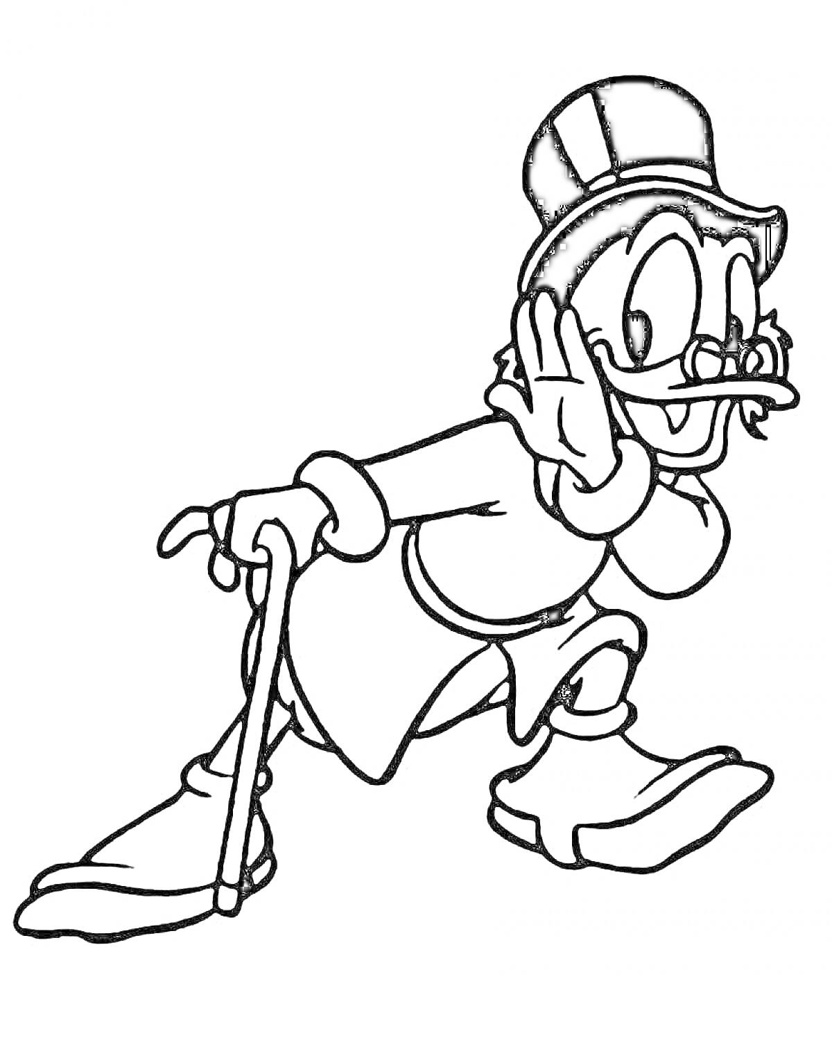 Раскраска Скрудж Макдак в шляпе с тростью и очками, держащий руку у уха