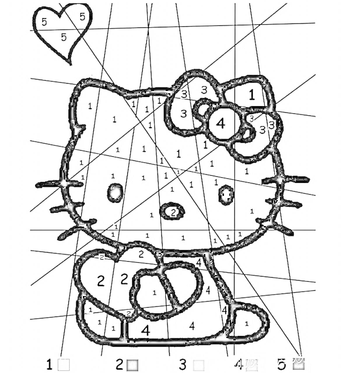 Раскраска Кошка с бантом и сердцем по цифрам