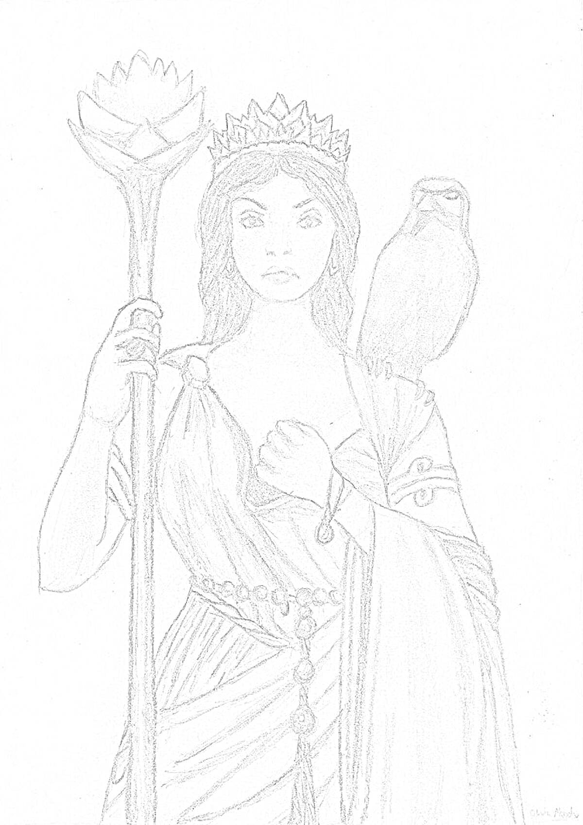 Раскраска Гера с посохом и короной, на плече сова
