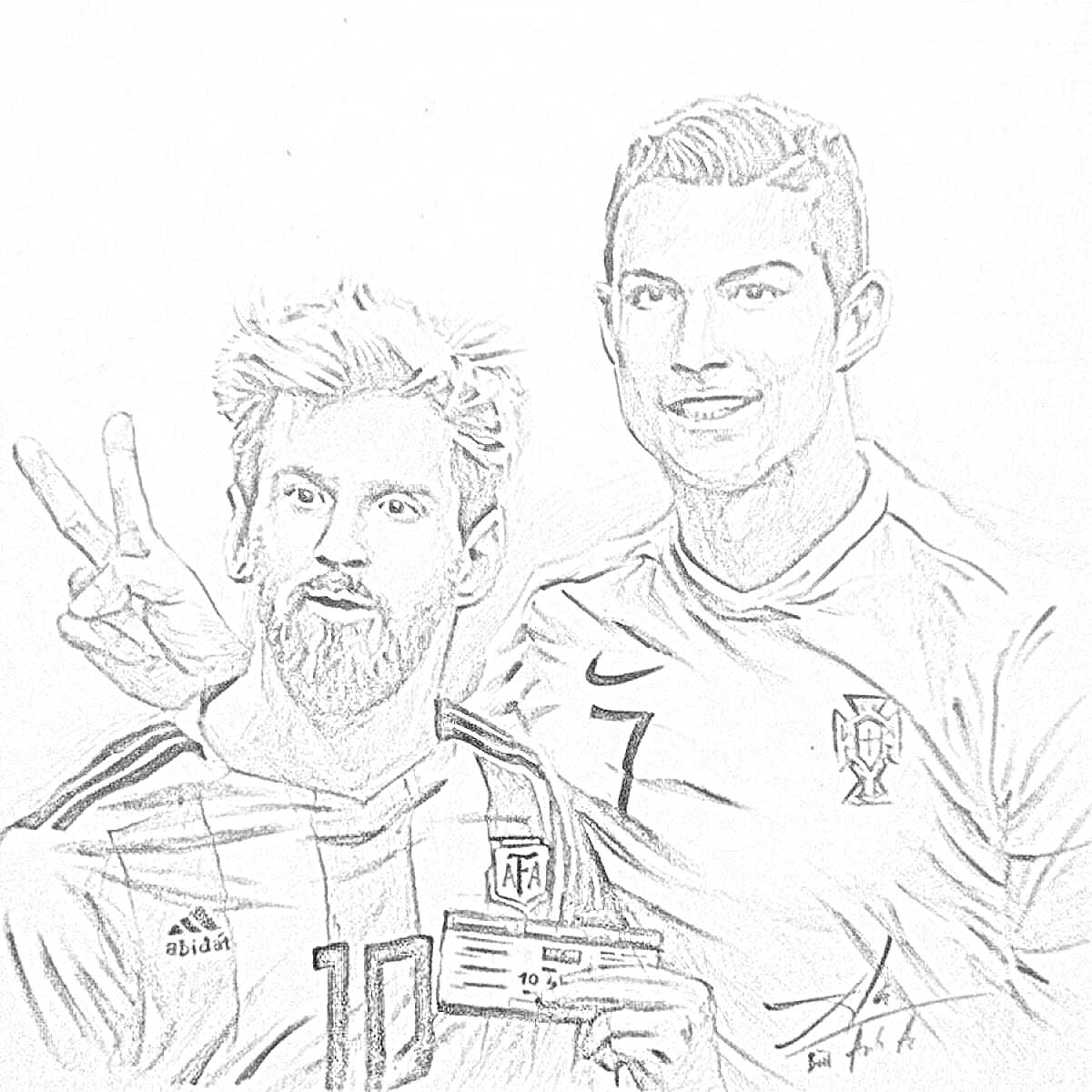 Раскраска Два футболиста, один в футболке с номером 10 с поднятыми пальцами в форме знака мира, второй в футболке с номером 7, улыбающийся