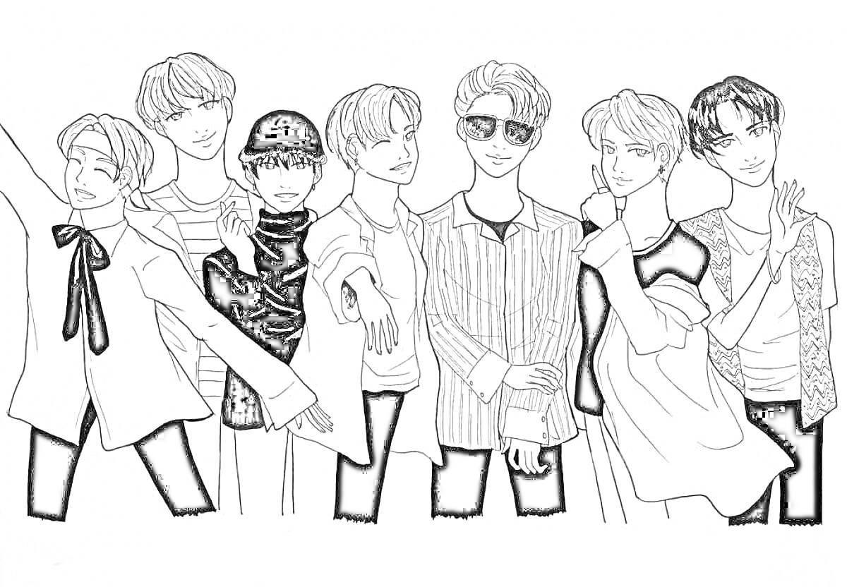 Раскраска Семь улыбающихся мальчиков в стиле K-pop в модной одежде и аксессуарах