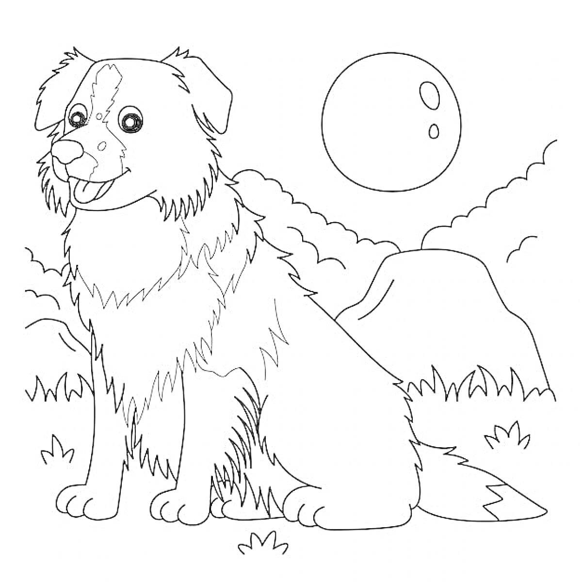На раскраске изображено: Собака, Природа, Солнце, Горы, Трава