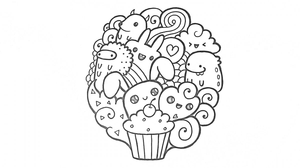 Раскраска Кекс с милыми персонажами, включающий кролика, сердце, птичку, облака, кекс и другие очаровательные элементы.