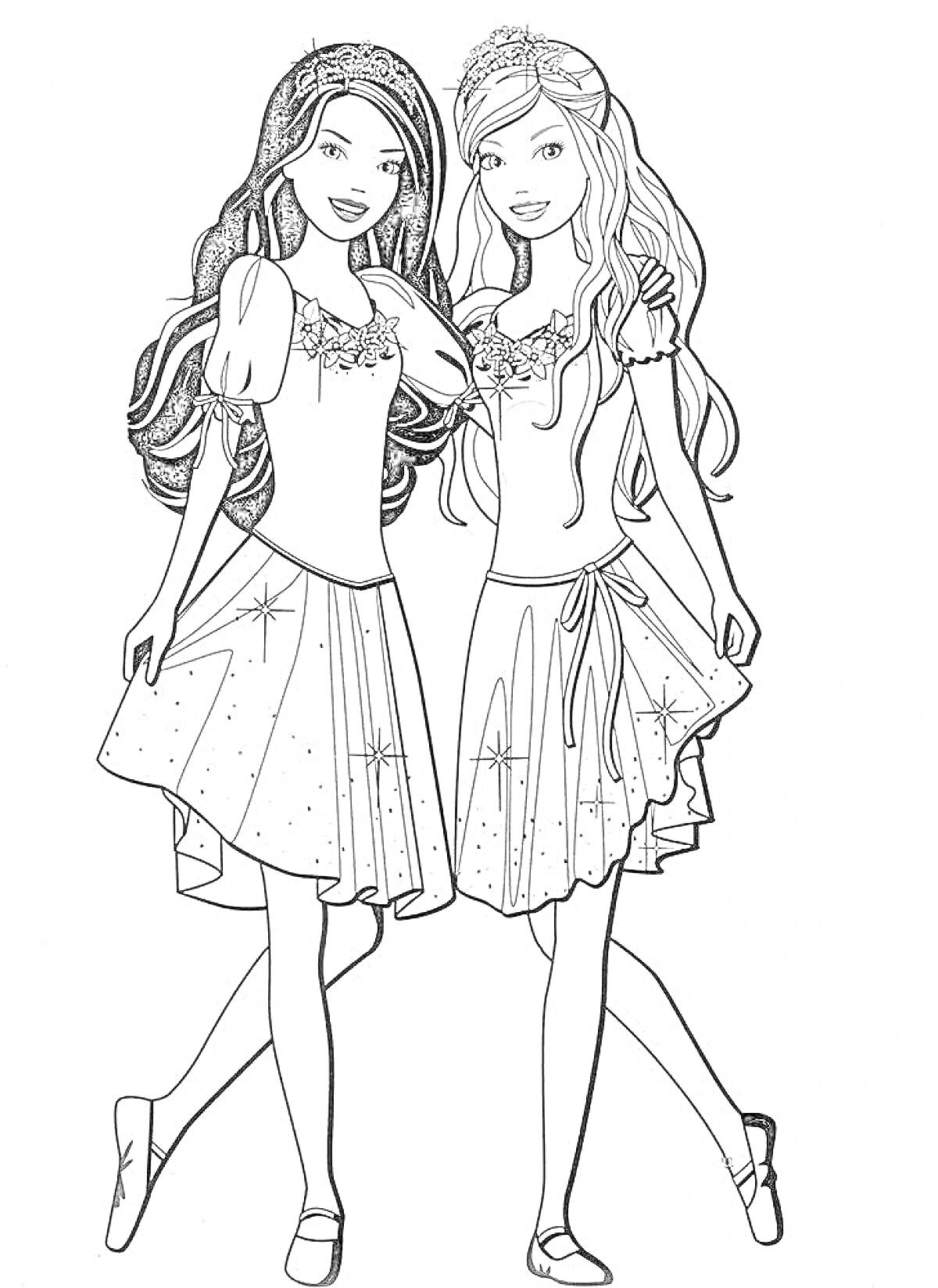 Раскраска Две девочки в блестящих платьях с цветами на коронах