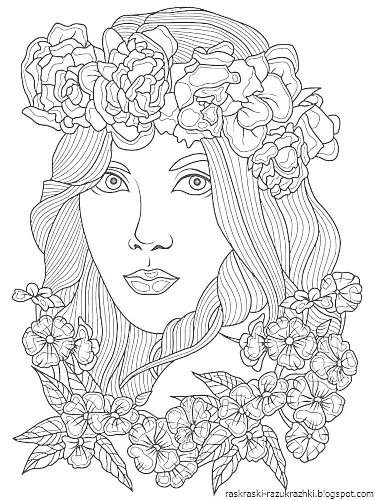 Раскраска Лицо с цветочным венком и цветами