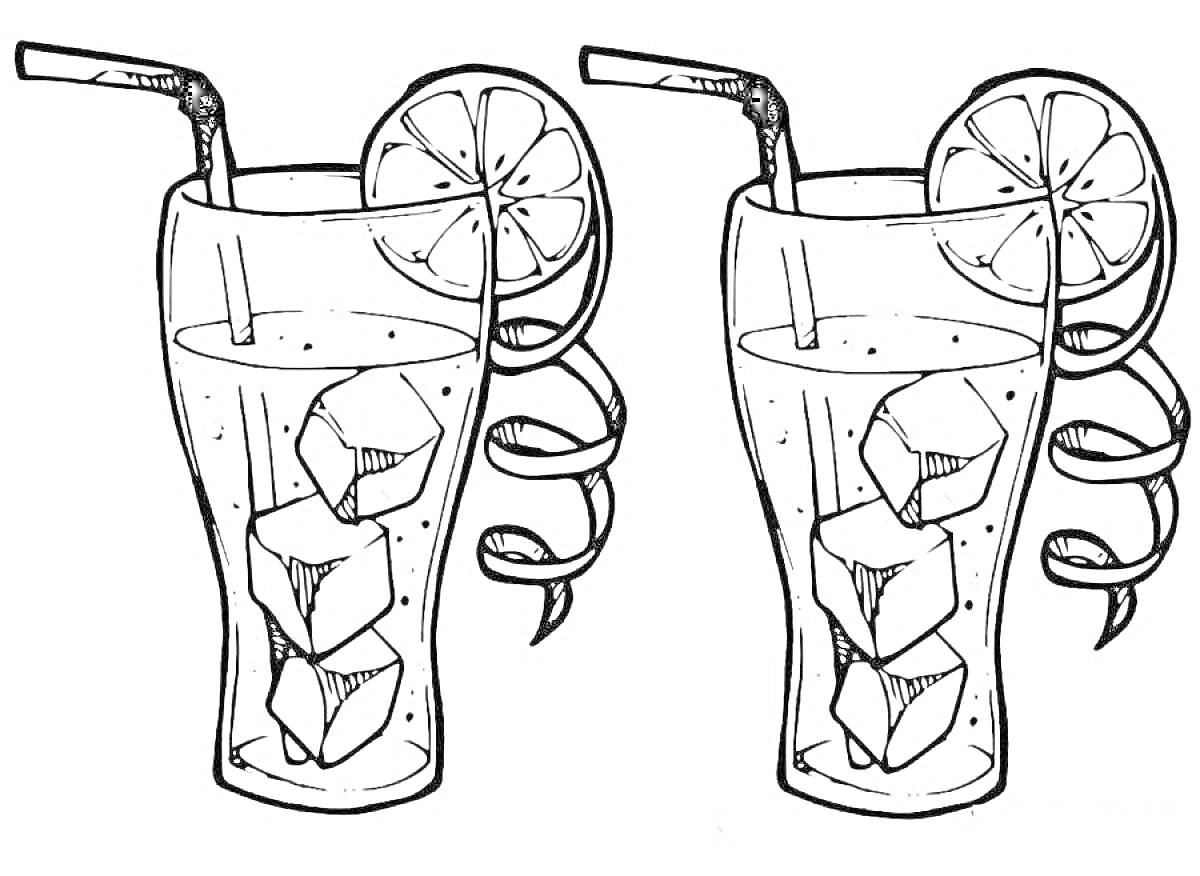 Два стакана лимонада с трубочкой, долькой лимона и льдом