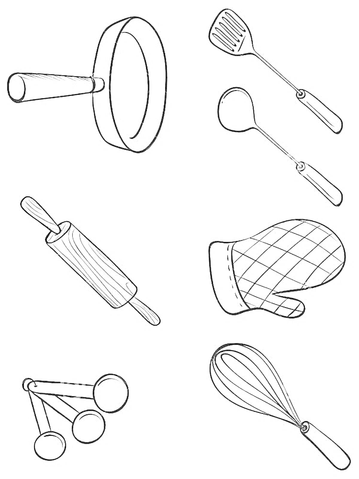 Раскраска кухонная посуда (сковорода, лопатка, половник, скалка, прихватка, мерные ложки, венчик)