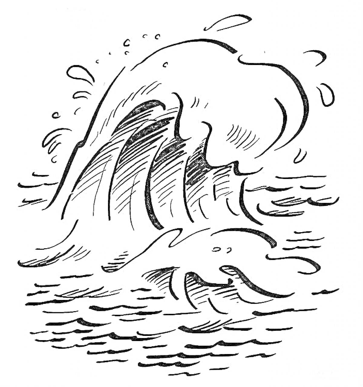 Раскраска Киты в океане, плещущиеся на волнах