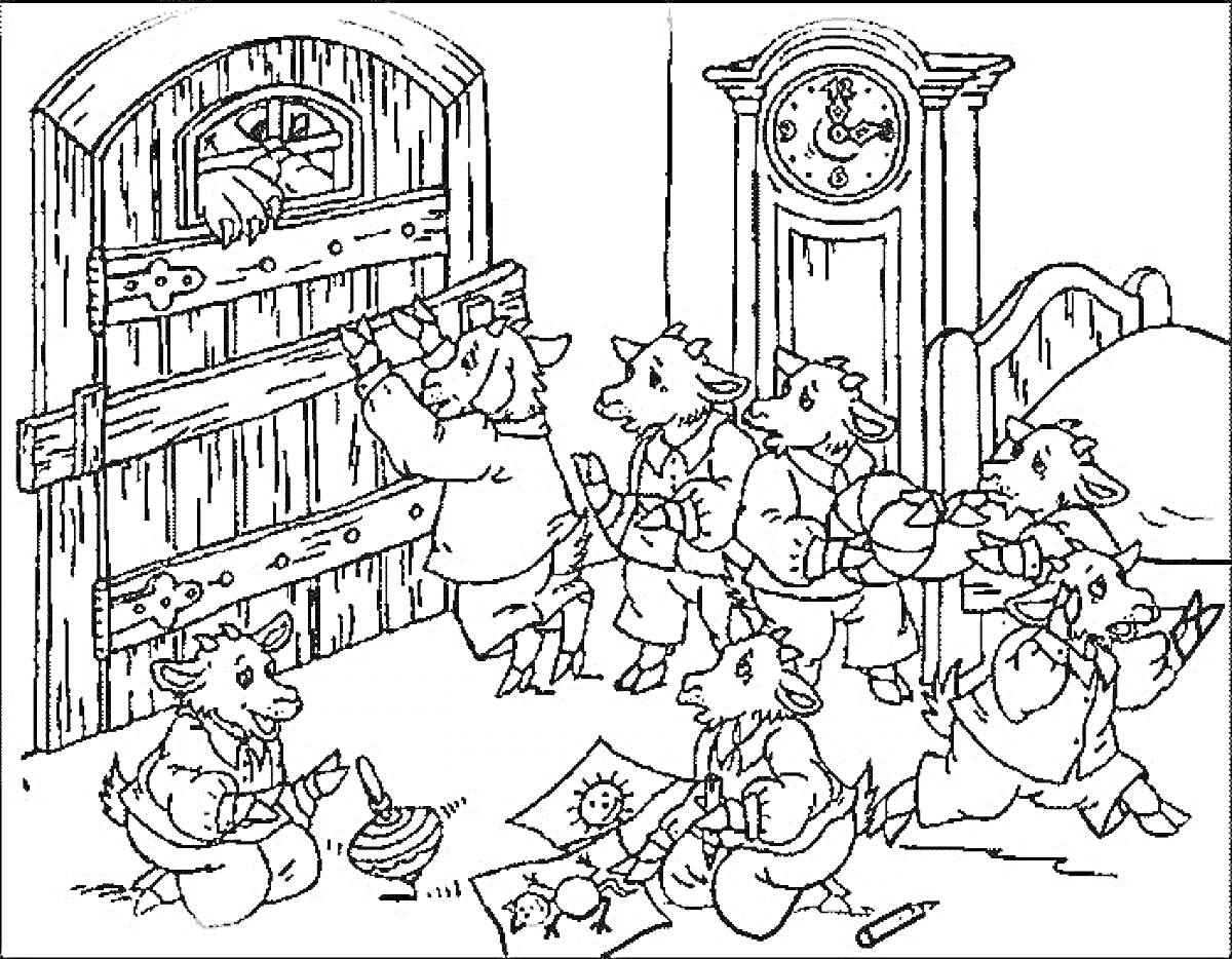 На раскраске изображено: Волк, Дверь, Часы, Игрушки, Игра, Из сказок, Кровати