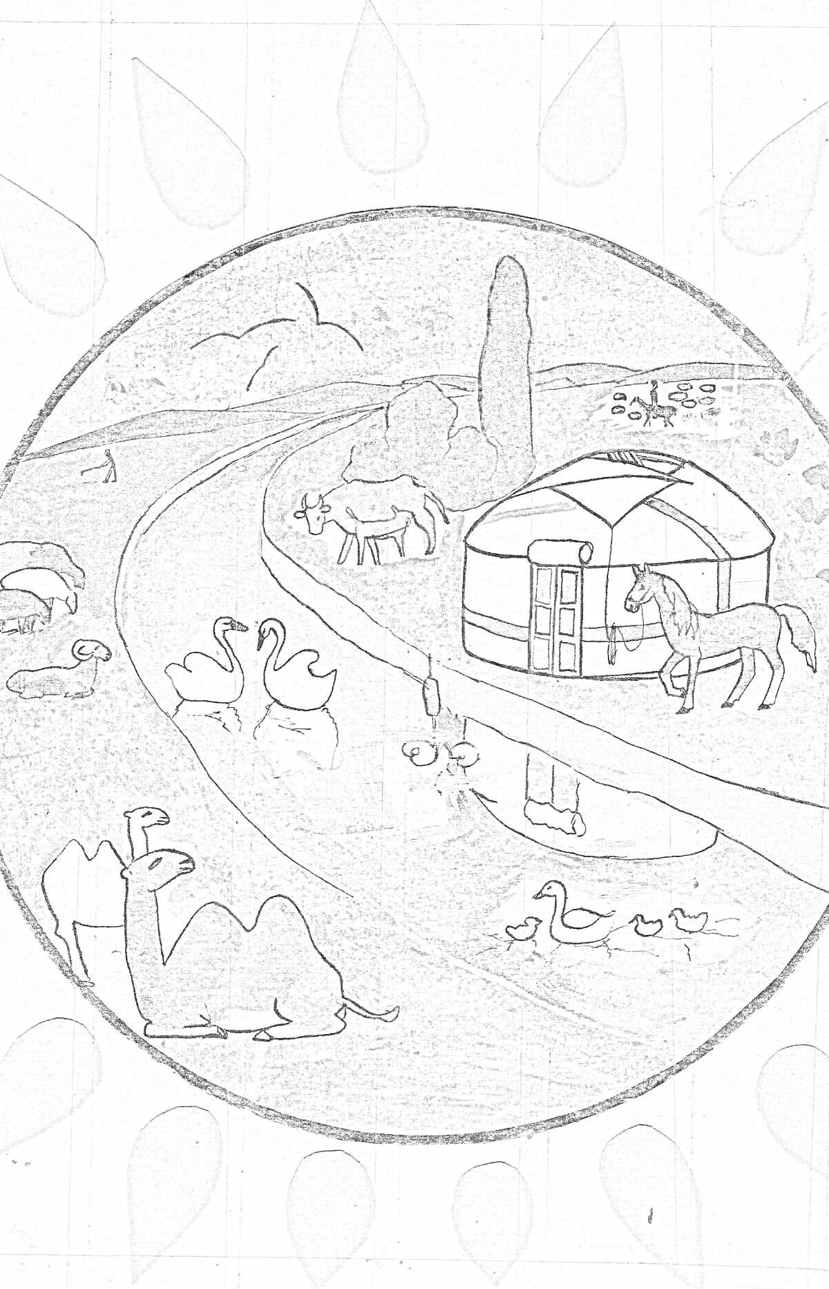Раскраска Вид на традиционное жилище юрту на берегу реки, лебеди плавают в воде, верблюды, пасущиеся лошади, птицы в небе и на воде, юрта, стоящая на поле, дерево на заднем плане.