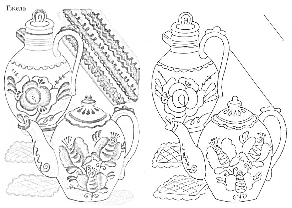 Раскраска Гжель. Две чайные посуды с цветочным узором, кувшин и чайник