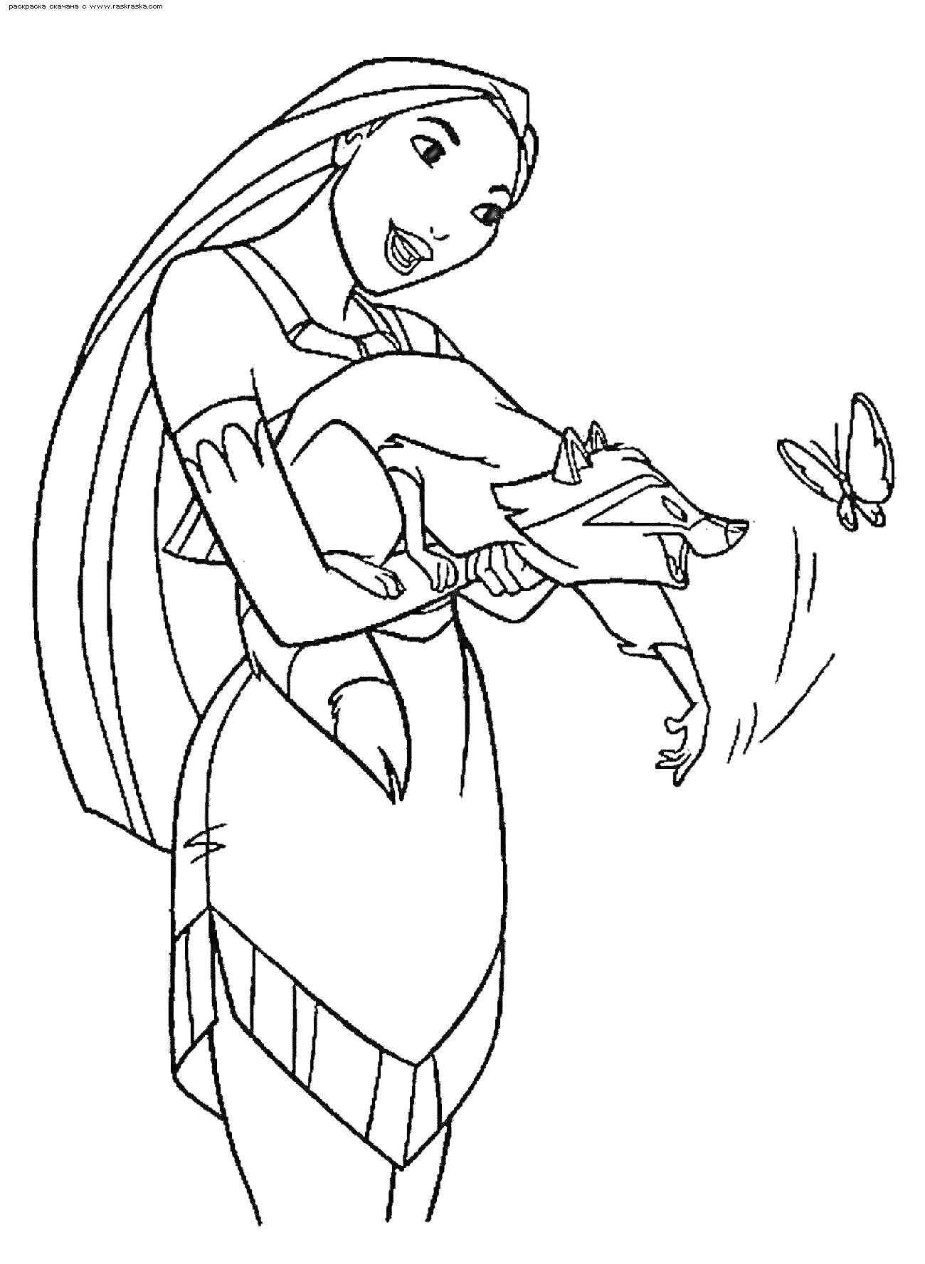 Раскраска Покахонтас держит енота и смотрит на бабочку
