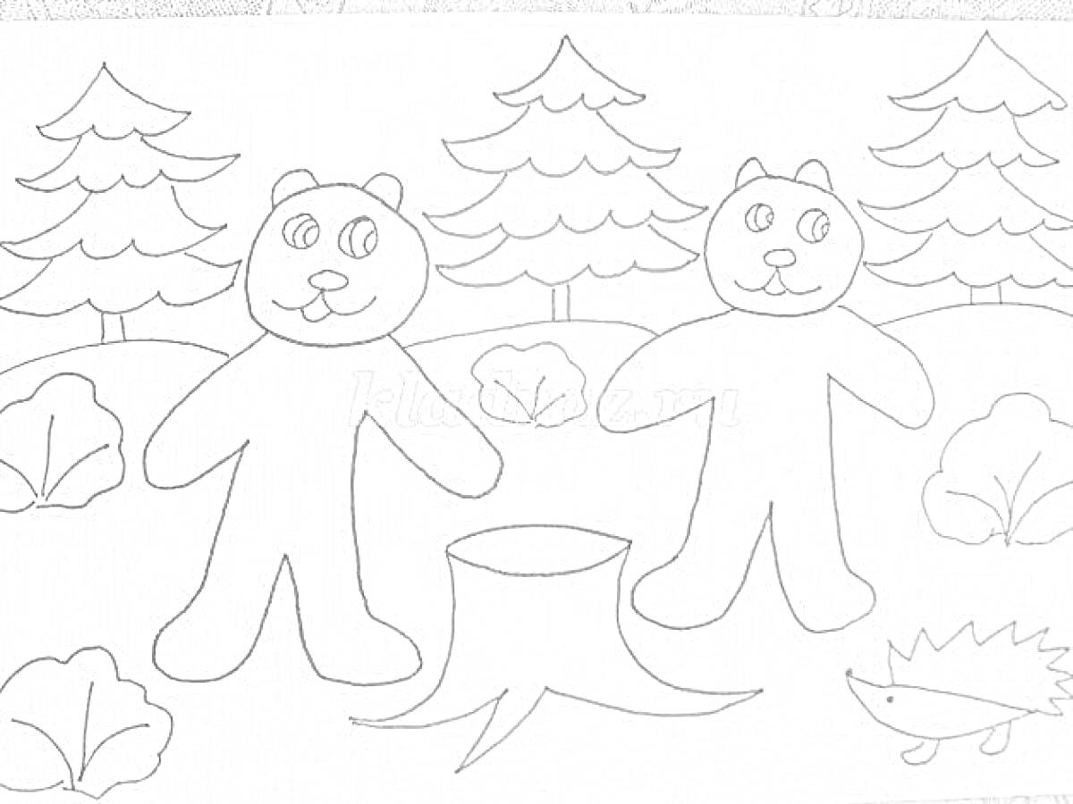 Раскраска Два жадных медвежонка в лесу с ёлками, пнями, кустами и ёжиком