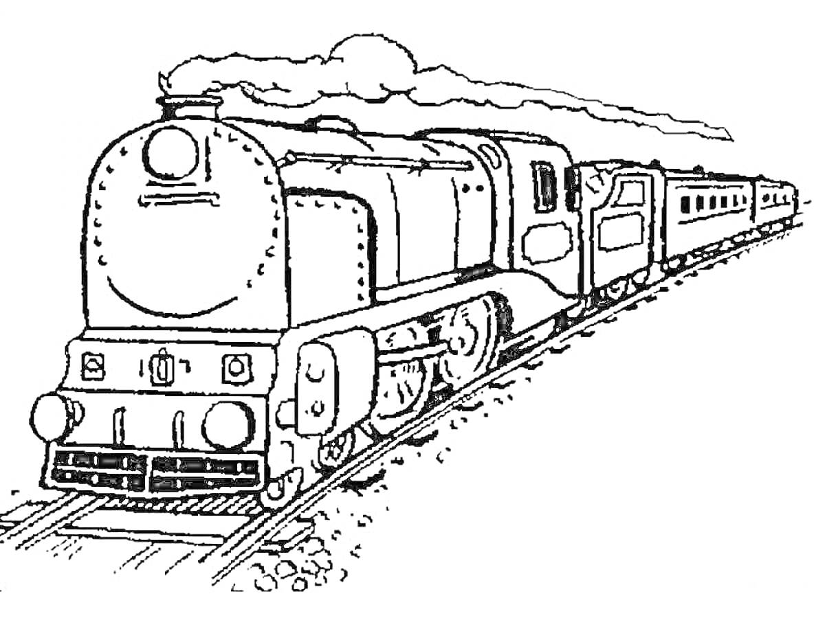 Раскраска Поезд на железной дороге с пассажирскими вагонами и дымом из трубы, едущий по рельсам