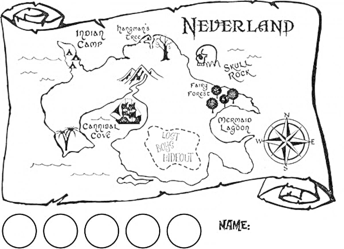 Раскраска Карта Нетландии с лагунами русалок, утёсом черепа, пиратской бухтой, индейским лагерем, деревом повешенного мужчины, логовом потерянных мальчишек и стрелкой компаса