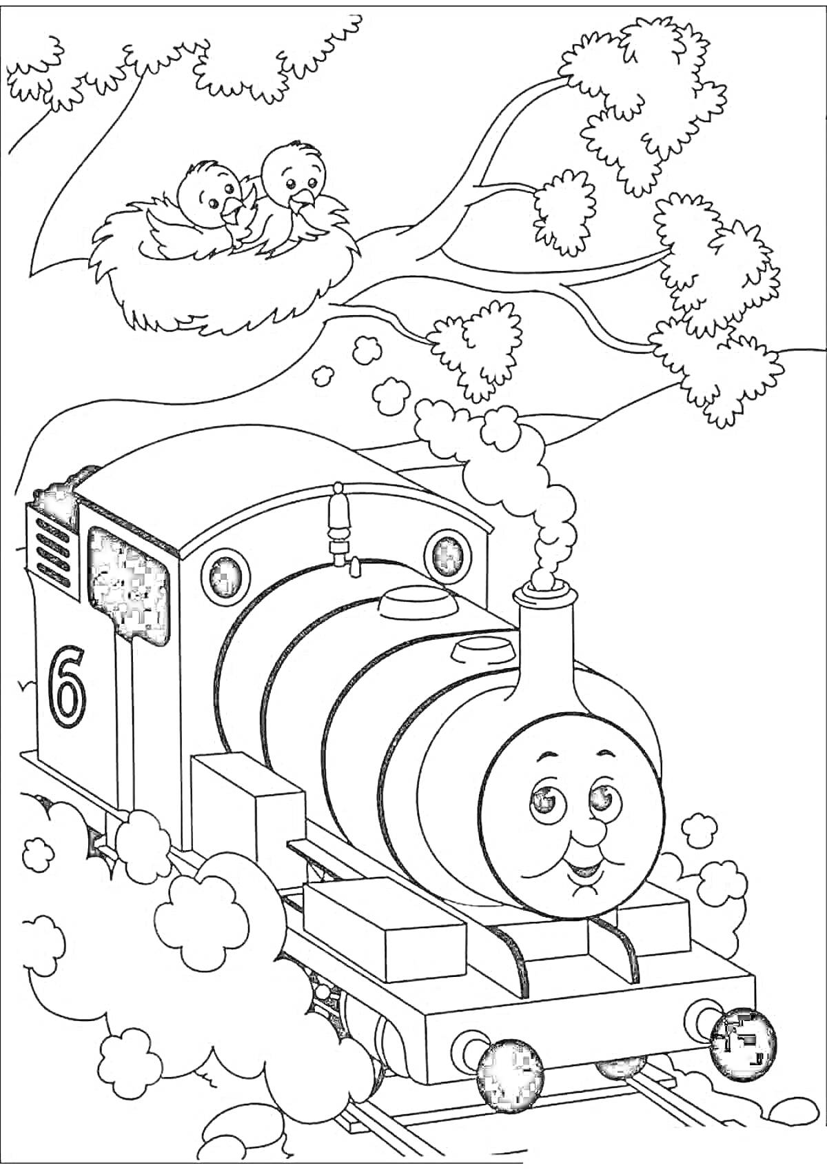 Раскраска Паровоз с номером 6, едущий по железной дороге, с птенцами в гнезде на ветке над ним