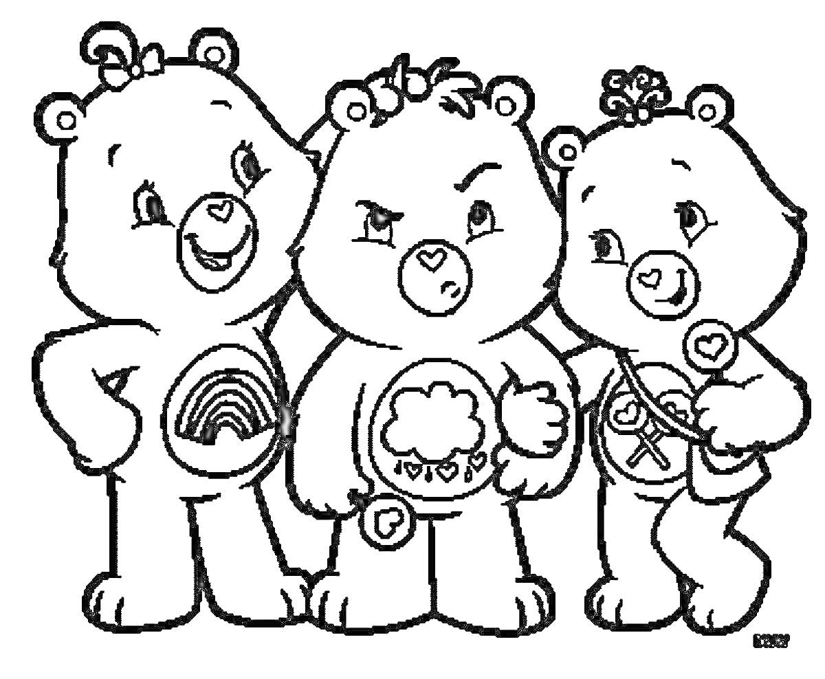 Раскраска Три медвежонка с сердцами на носах, радужным, облачным и символом мира на животах