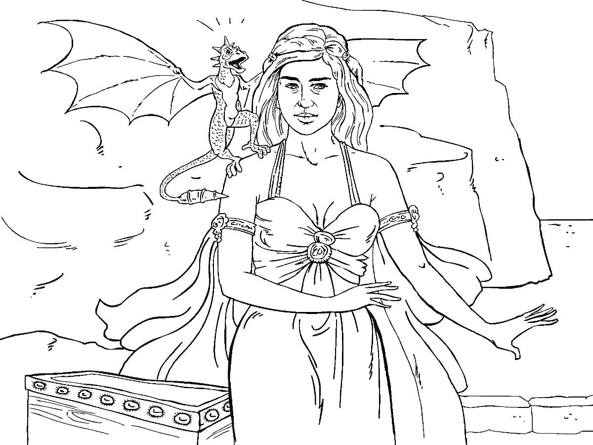 Раскраска Женщина в длинном платье с драконом на плече на фоне камней и сундука