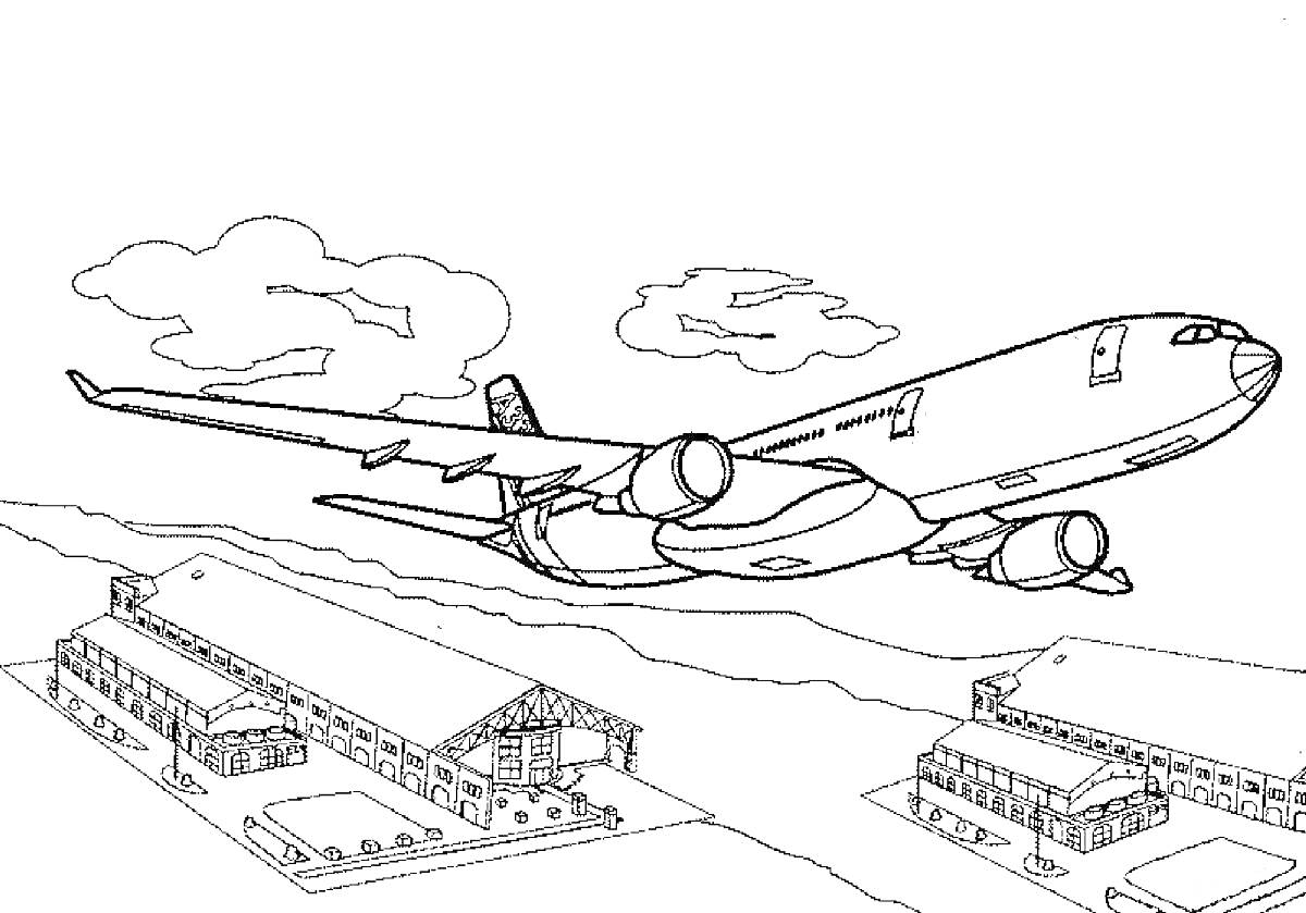 Раскраска Самолет в полете, аэропорт, ангары, облака