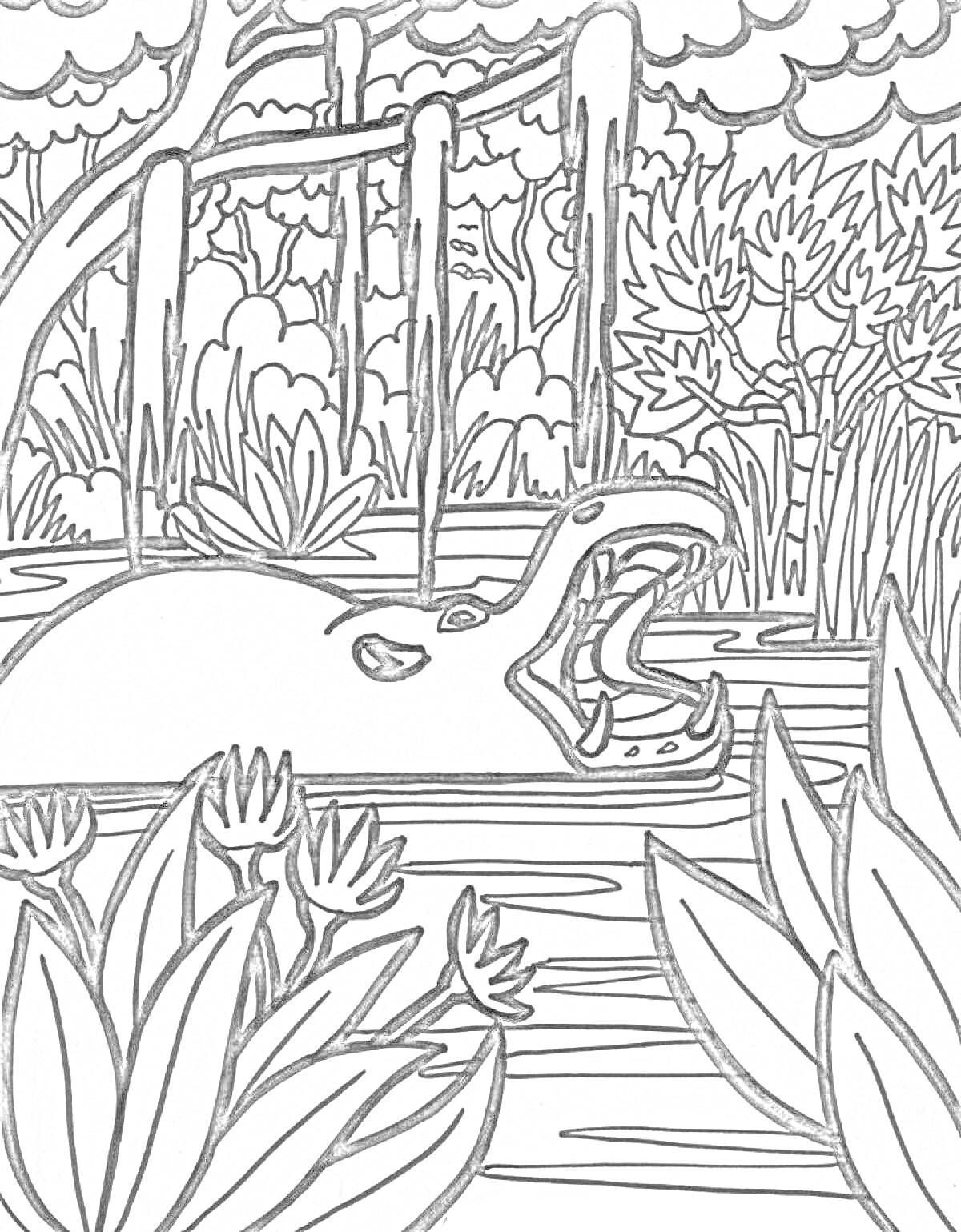Раскраска Гиппопотам в реке среди растений в джунглях