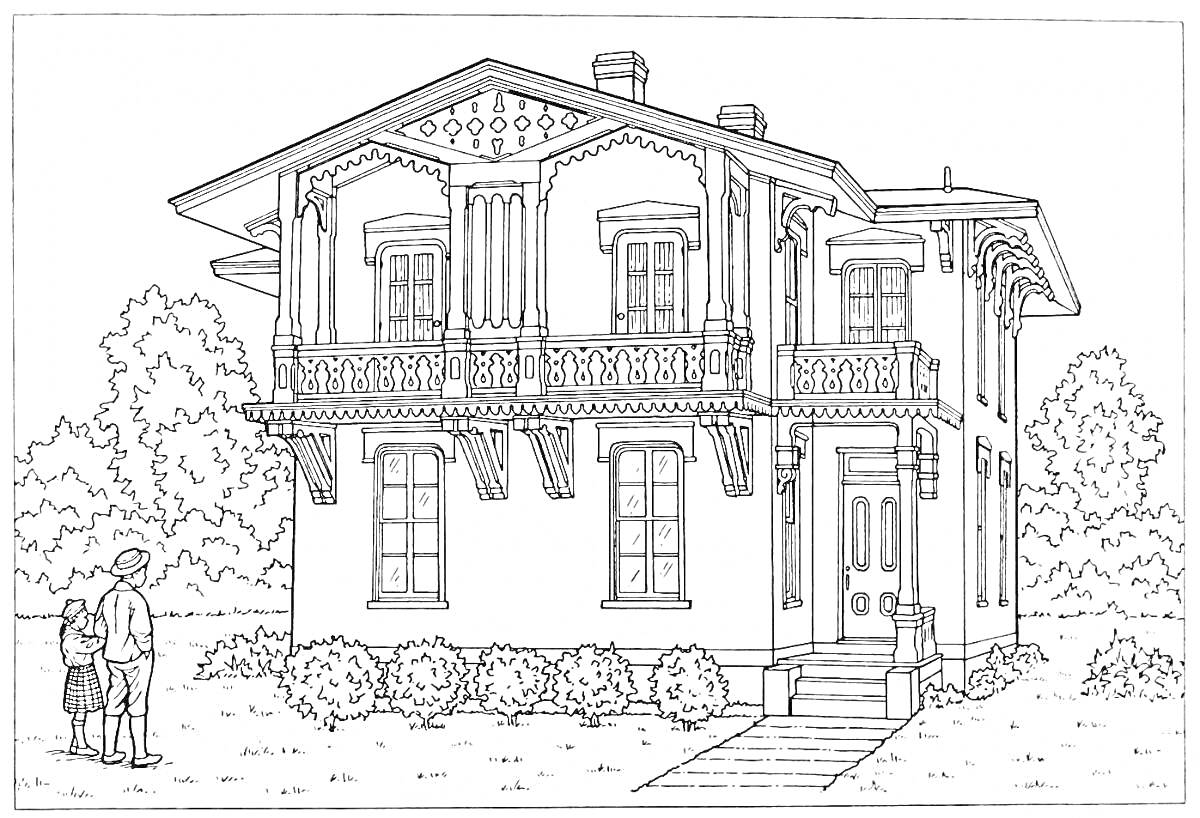 На раскраске изображено: Особняк, Дом, Балкон, Дверь, Крыша, Кусты, Деревья, Веранда