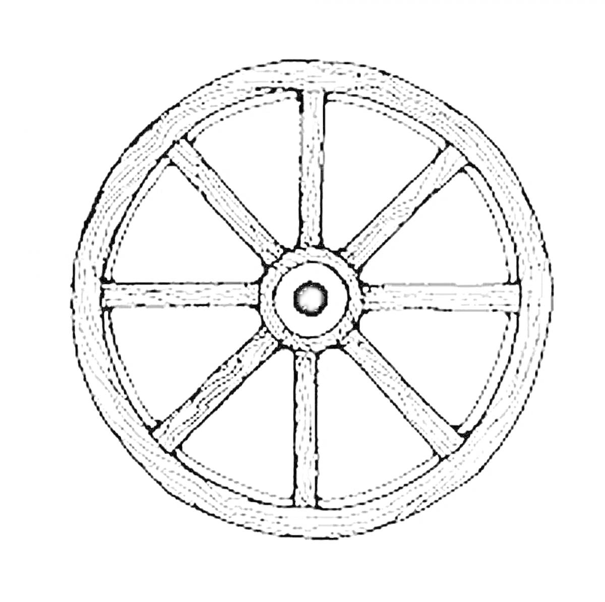 Раскраска Раскраска с деревянным колесом с металлическим ободом, спицами и ступицей
