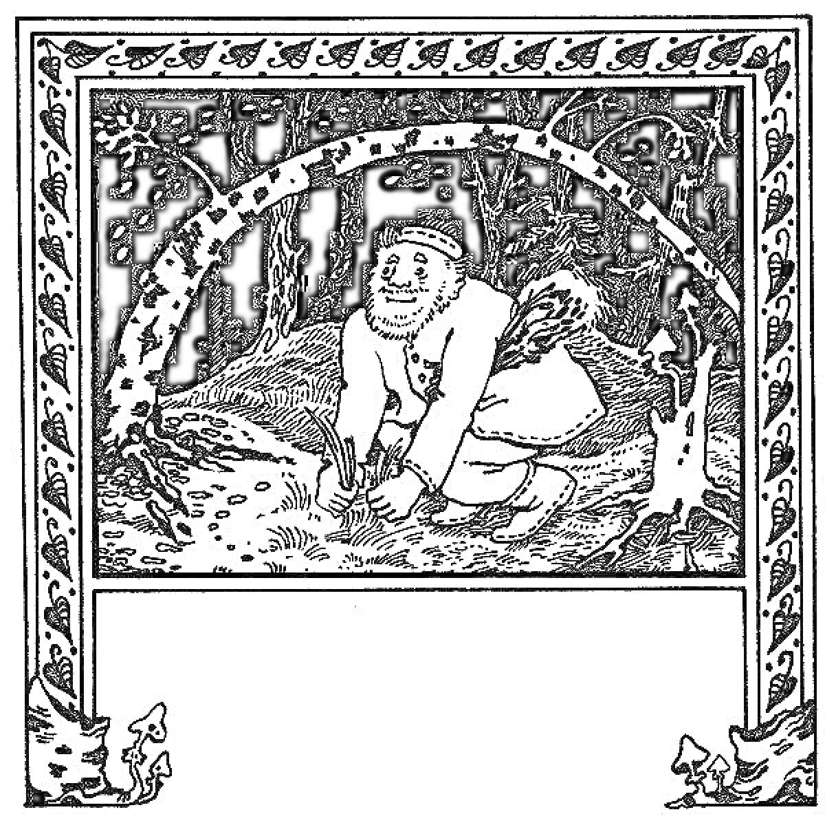 На раскраске изображено: Лес, Человек, Грибы, Из сказок, Природа, Декоративный узор