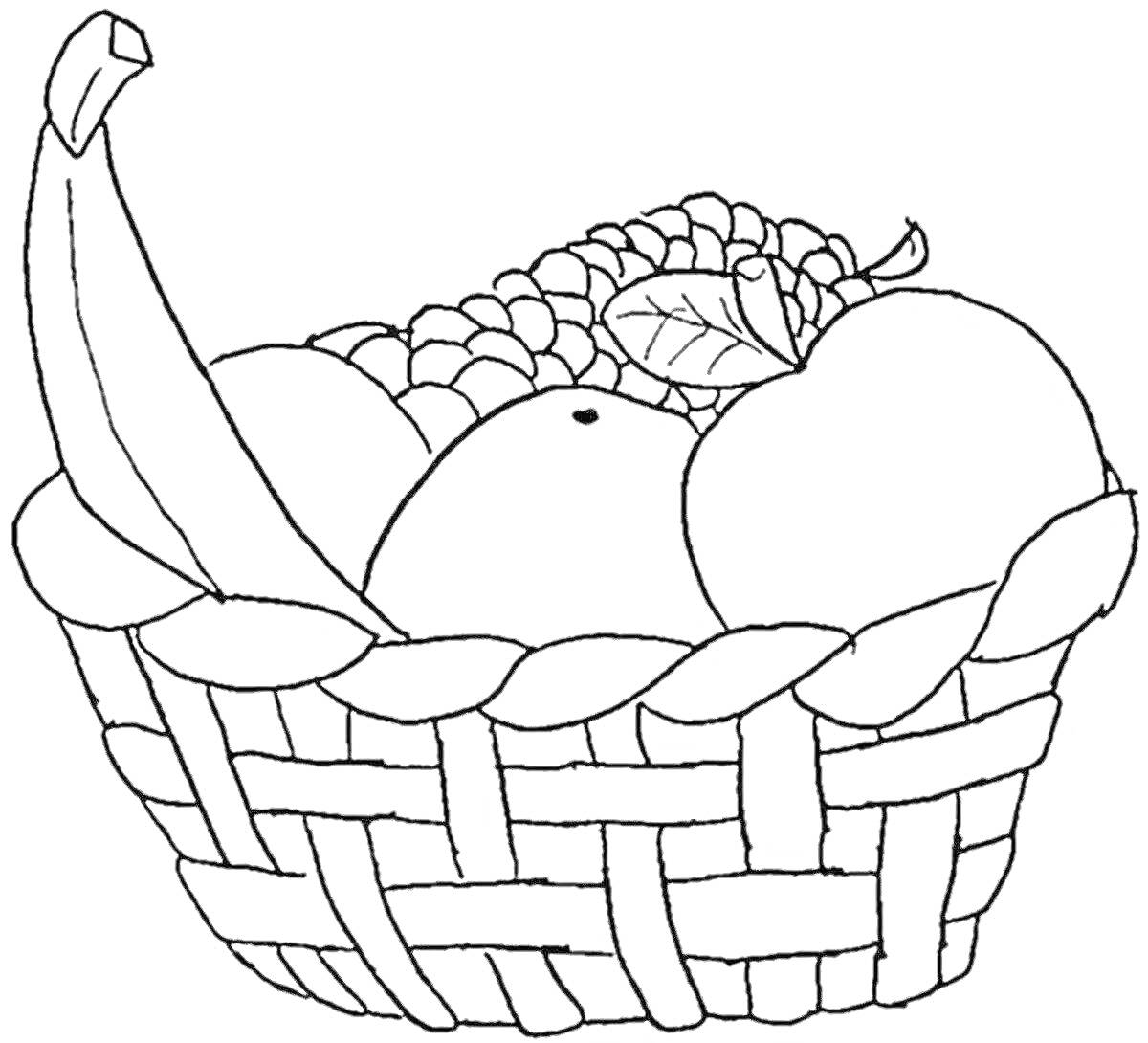 Раскраска Корзина с бананом, яблоками и виноградом