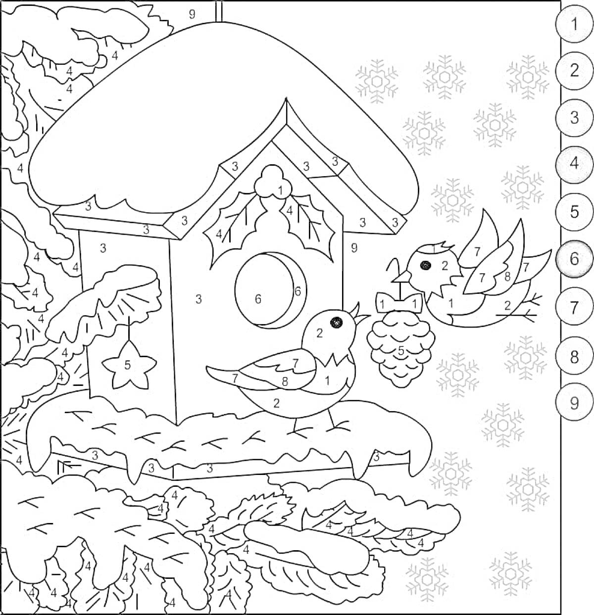 Раскраска Птичья кормушка зимой на заснеженной елке с птицами и шишкой на фоне снежинок