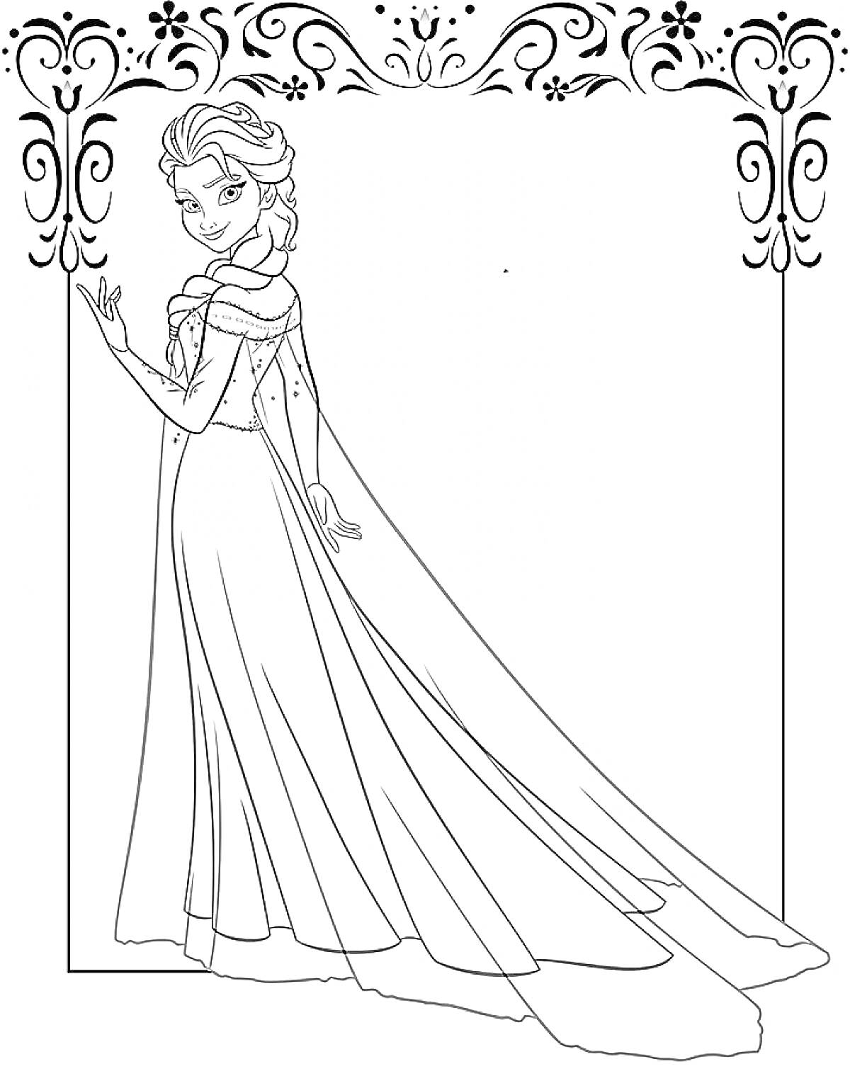 Раскраска Эльза в длинном платье с узорами в рамке