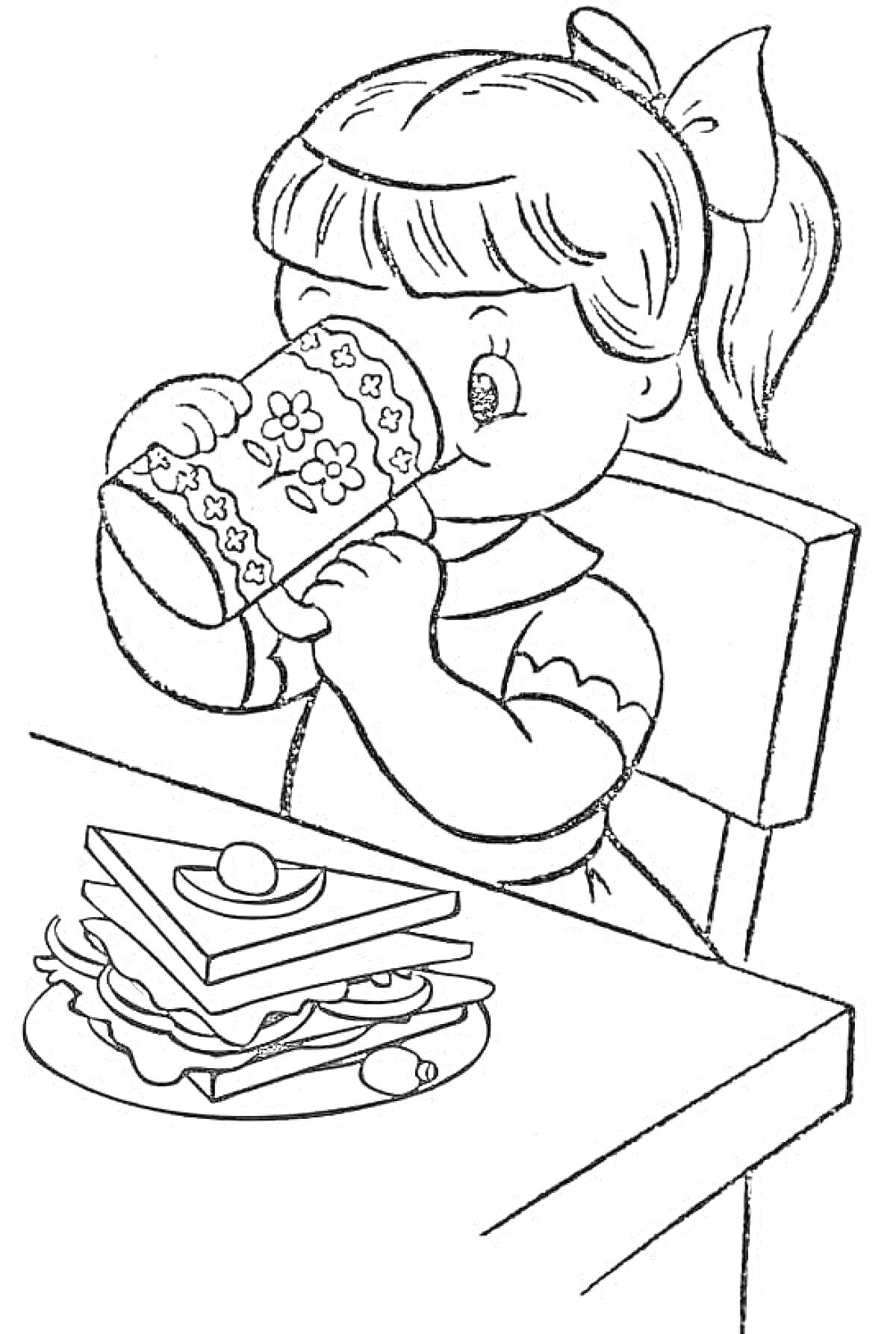 Раскраска Девочка с чашкой, бутерброды на тарелке и яйцо с овощами