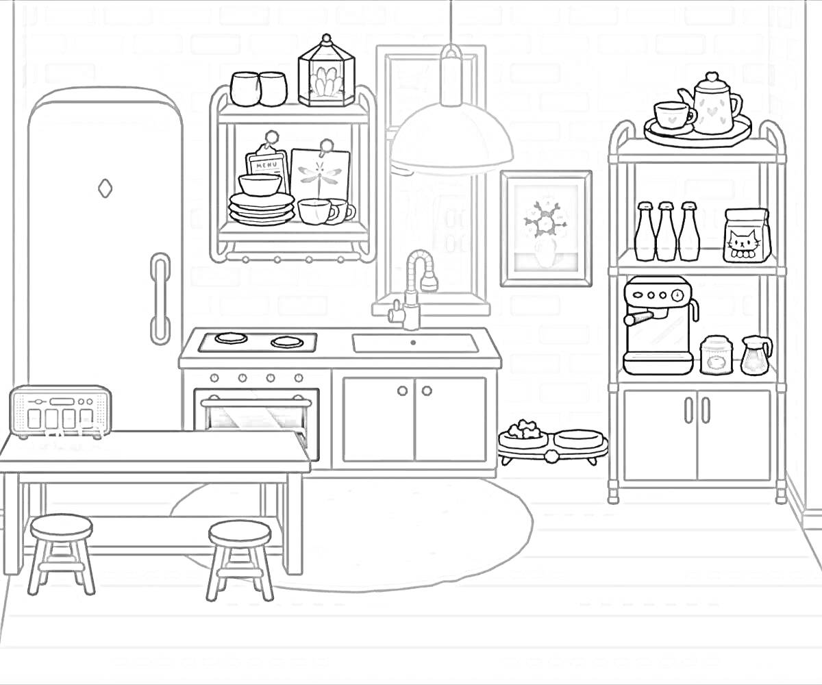 Раскраска Кухня с холодильником, плитой, духовым шкафом, полками с посудой, раковиной, столом и табуретками, кофемашиной, посудой и картинами
