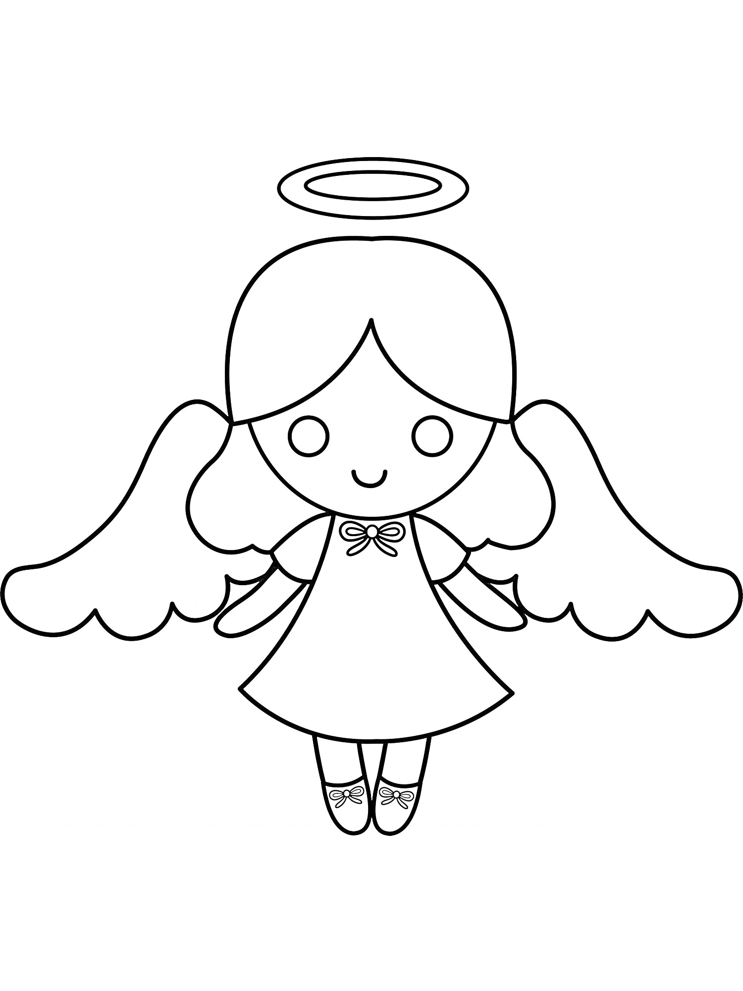 Раскраска Ангел с нимбом, крыльями и платьем, с лентой на шее и туфлями