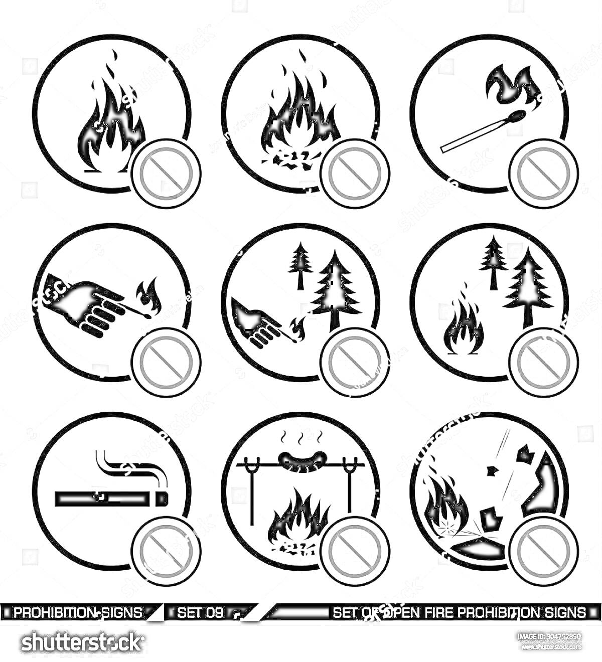 Раскраска Запрещающие экологические знаки о запрете открытого огня: открытый огонь, факел, руки с зажигалкой и лес, руки и лес, сигарета, костер с едой, костер и мусор