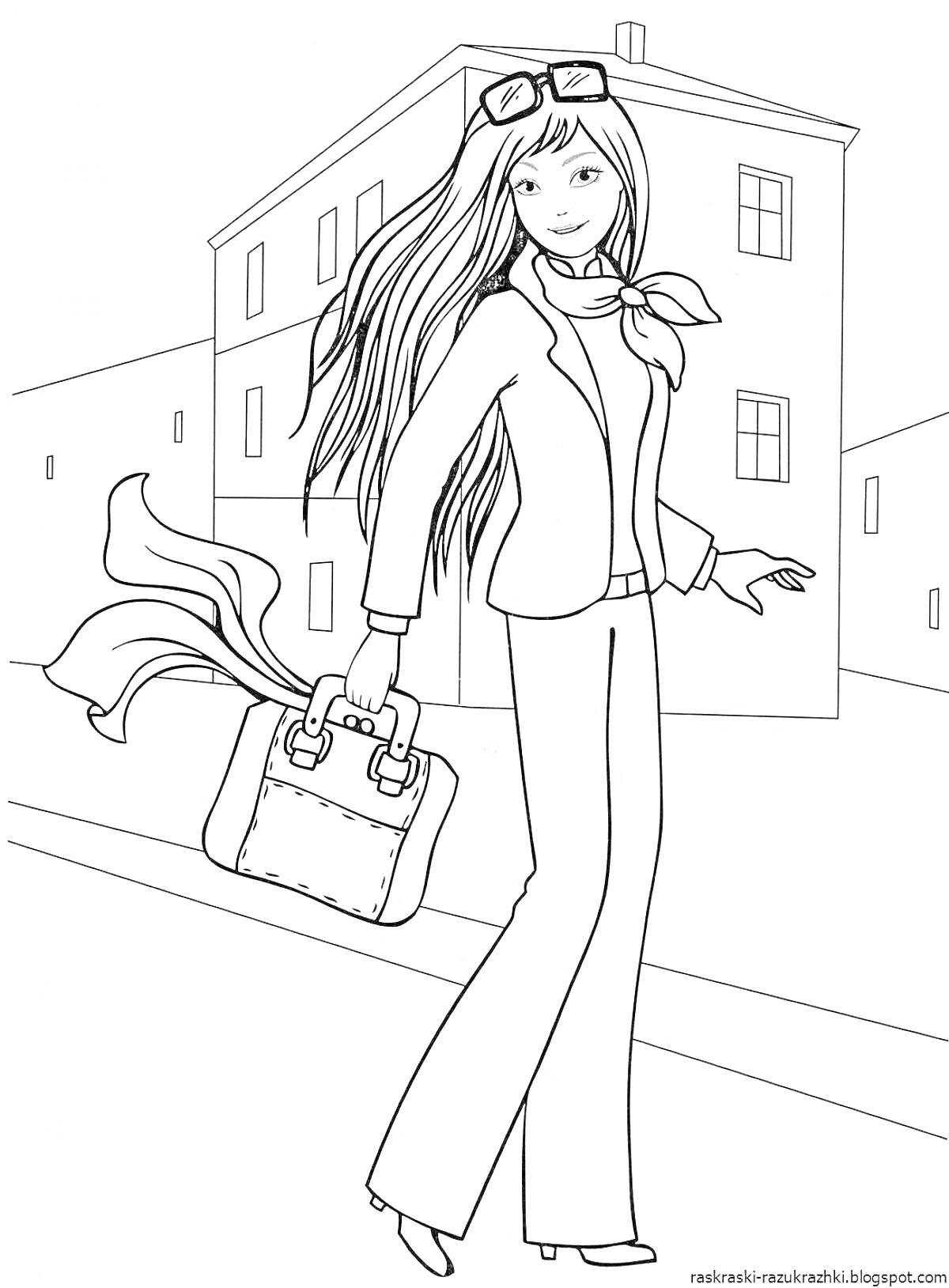 Раскраска Девушка в очках с сумкой на фоне домов