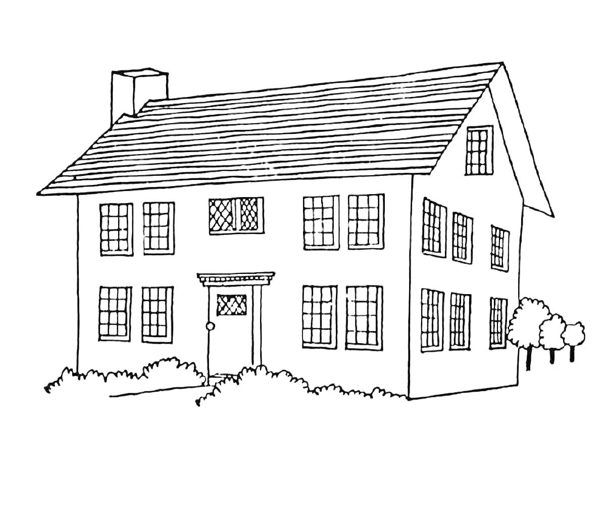 На раскраске изображено: Дом, Крыша, Крыльцо, Кусты, Деревья, Окна, Дверь, Дымоход, Двухэтажный дом