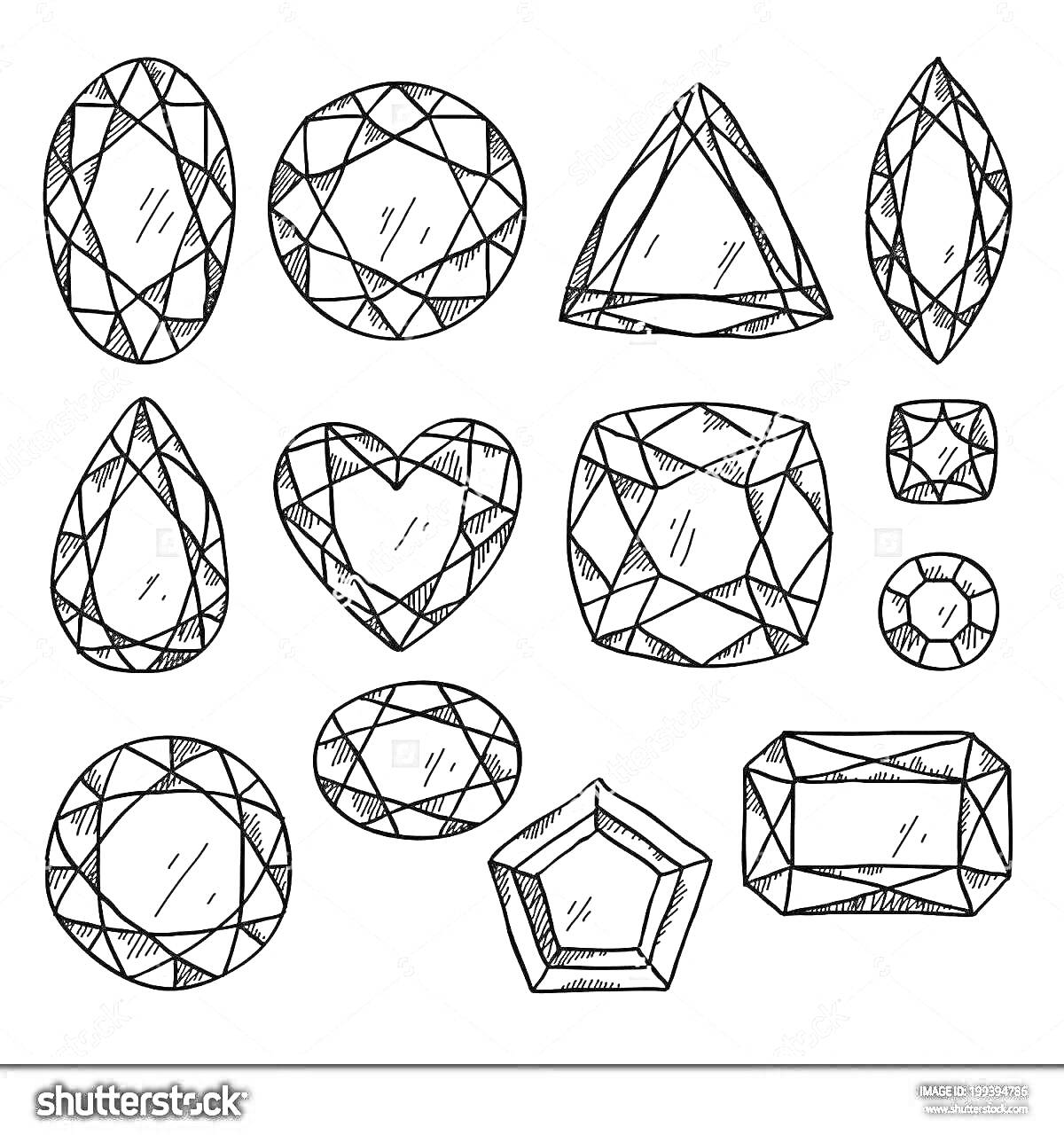 Раскраска Красочные драгоценные камни различных форм: круглый, треугольный, овал, капля, сердце, квадрат, шестиугольник, прямоугольник