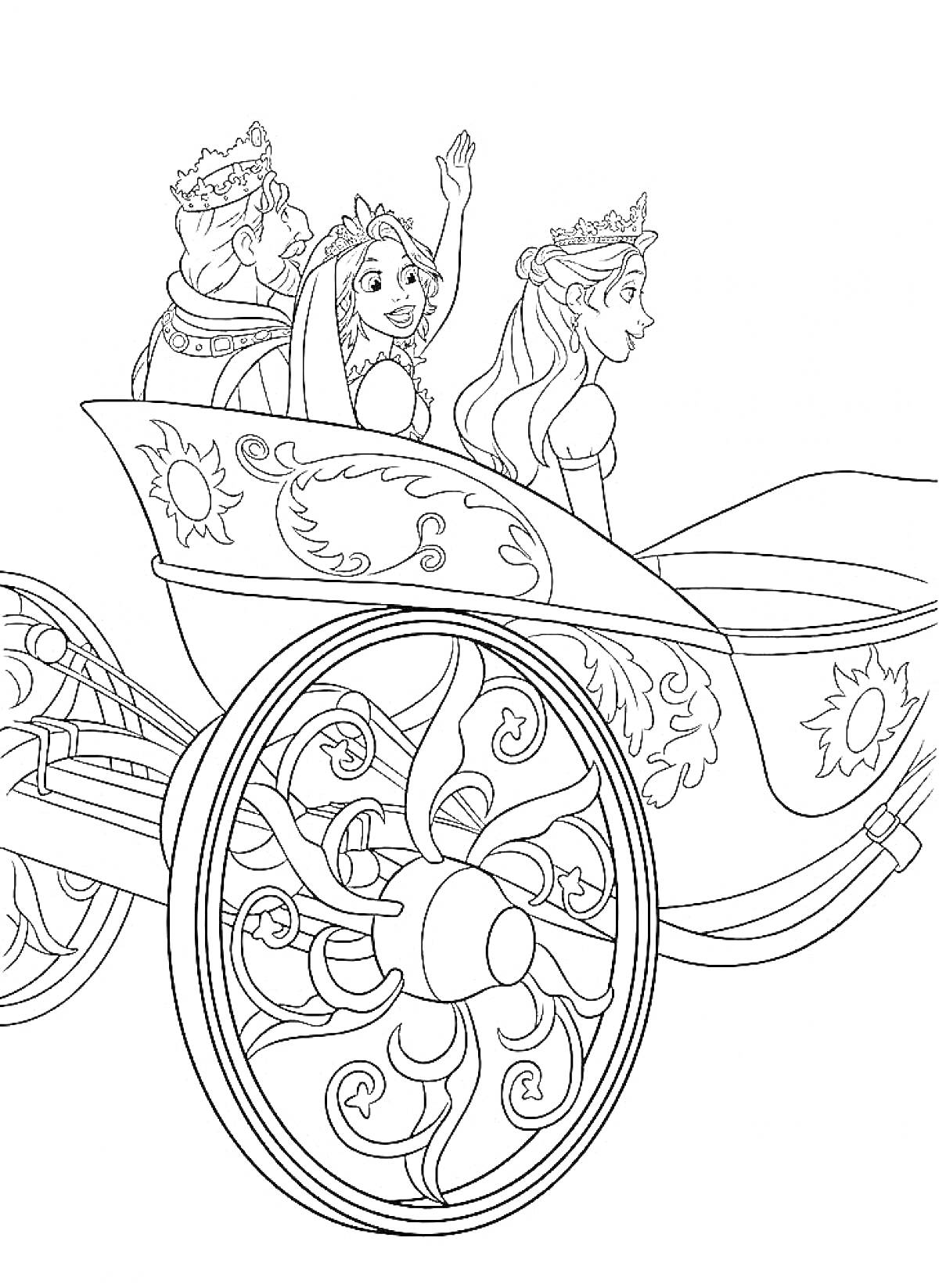 На раскраске изображено: Карета, Король, Королева, Принцесса, Транспорт, Корона, Узоры, Средневековье, Колеса