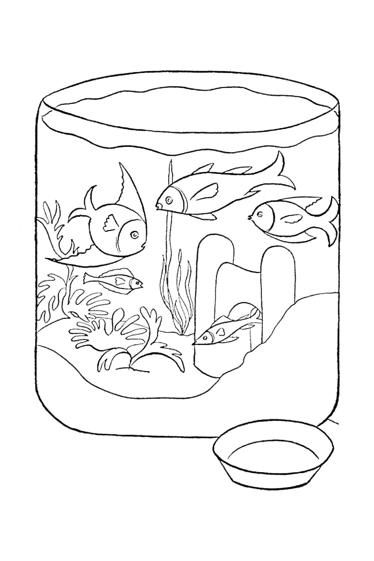 Раскраска Аквариум с пятью рыбками, растениями, замком и миской