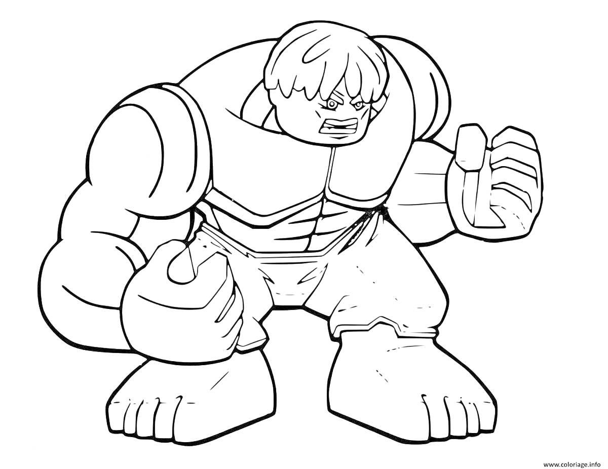 Раскраска Халк в боевой стойке с большими мускулами и крепкими кулаками