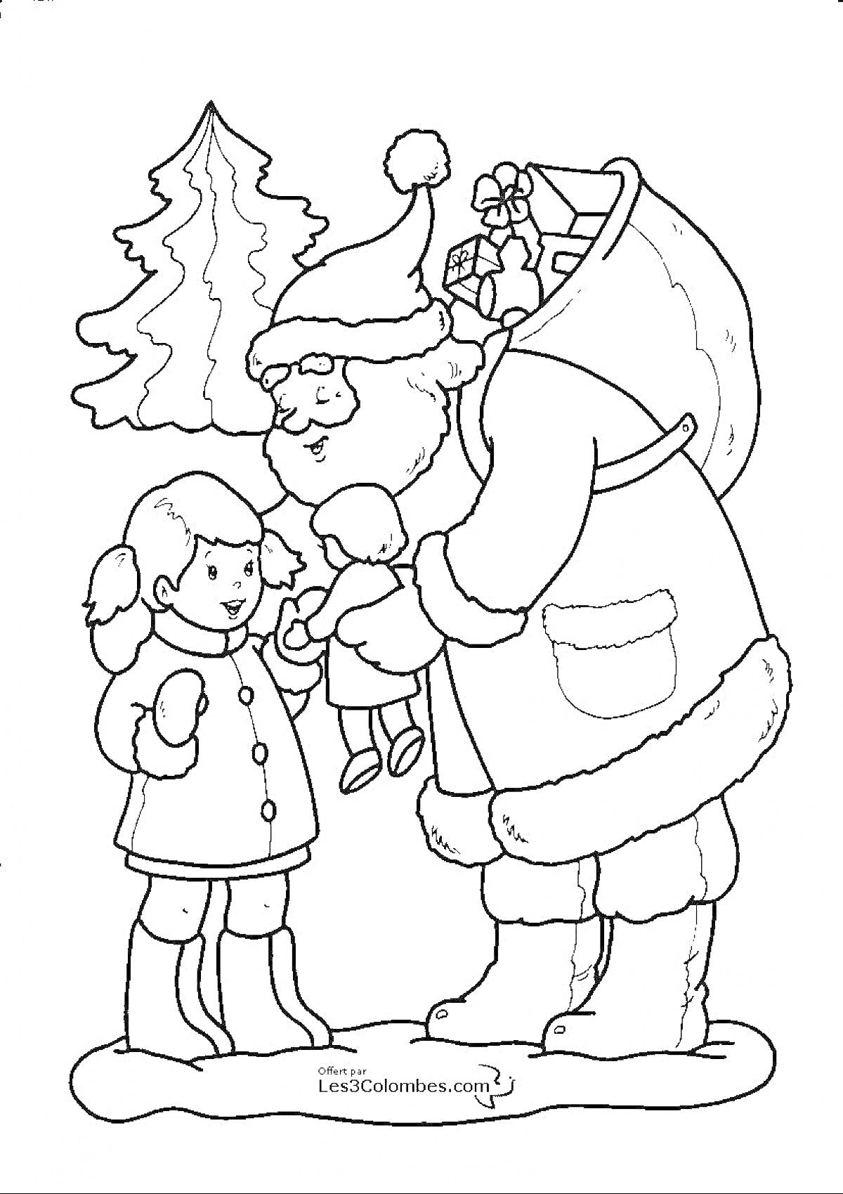 На раскраске изображено: Зима, Снег, Девочка, Дед Мороз, Рюкзак, Подарки, Детство