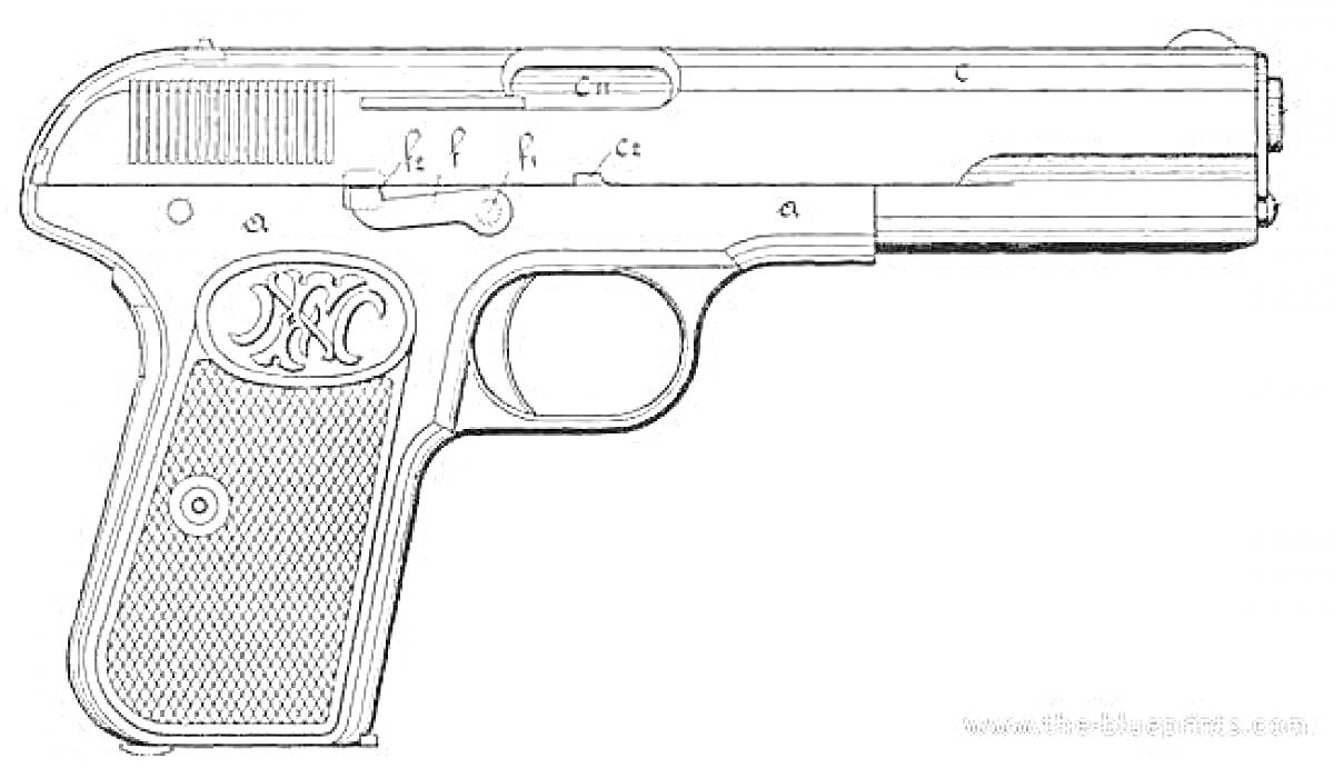 На раскраске изображено: Оружие, Пистолет, Рукоятка, Спусковой крючок, Затвор, Мушка, Контурные рисунки