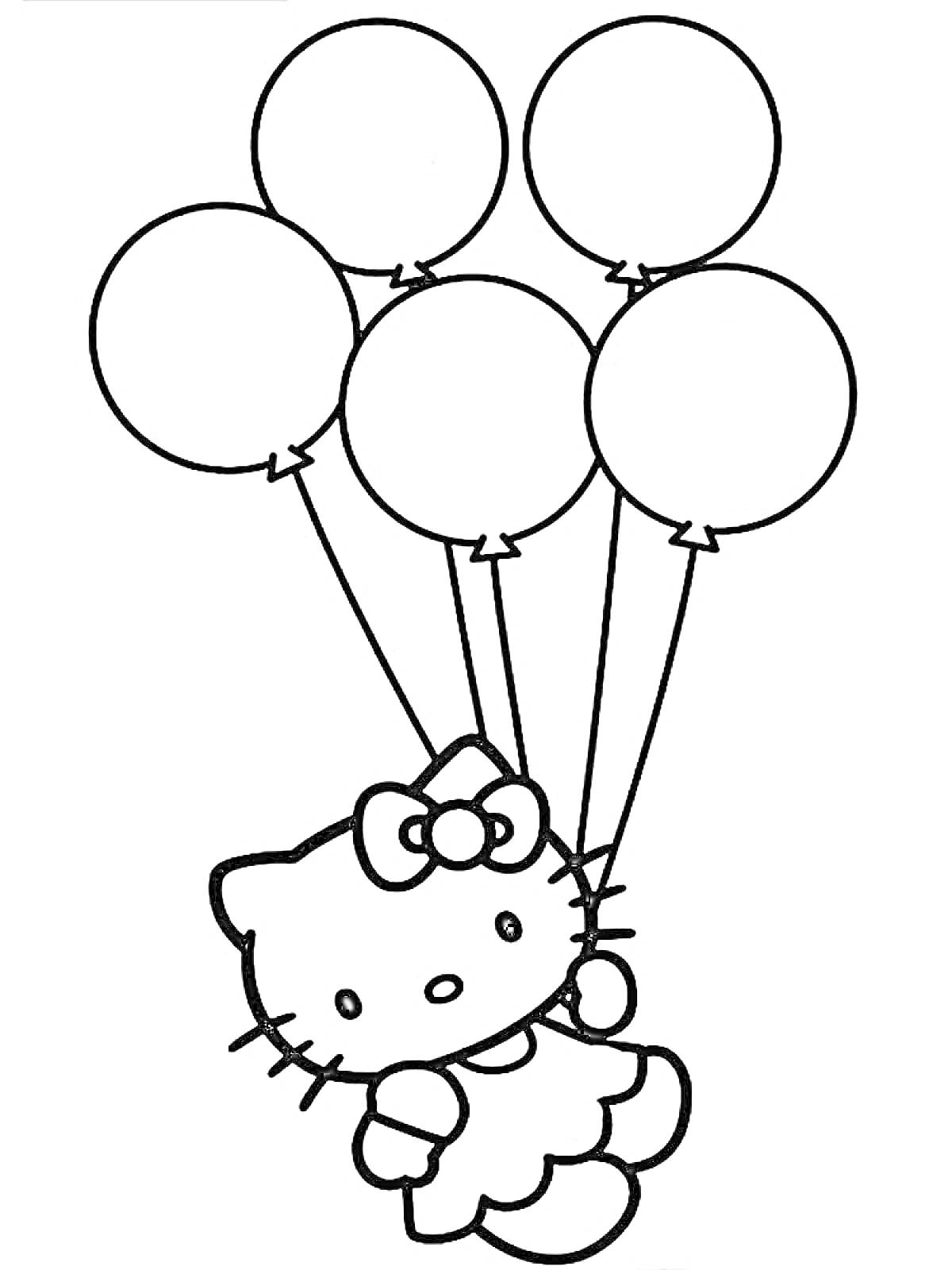 Раскраска Котенок с бантом, держащий пять воздушных шариков