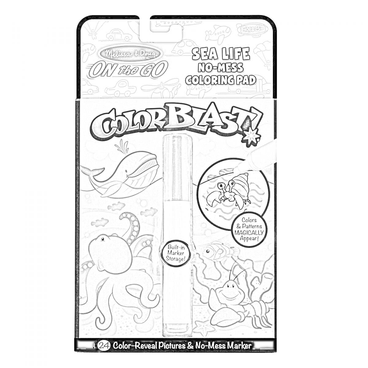 Раскраска On The Go ColorBlast! Sea Life No-Mess Coloring Pad от Melissa & Doug с маркером для раскрашивания — морские животные, кит, осьминог, краб