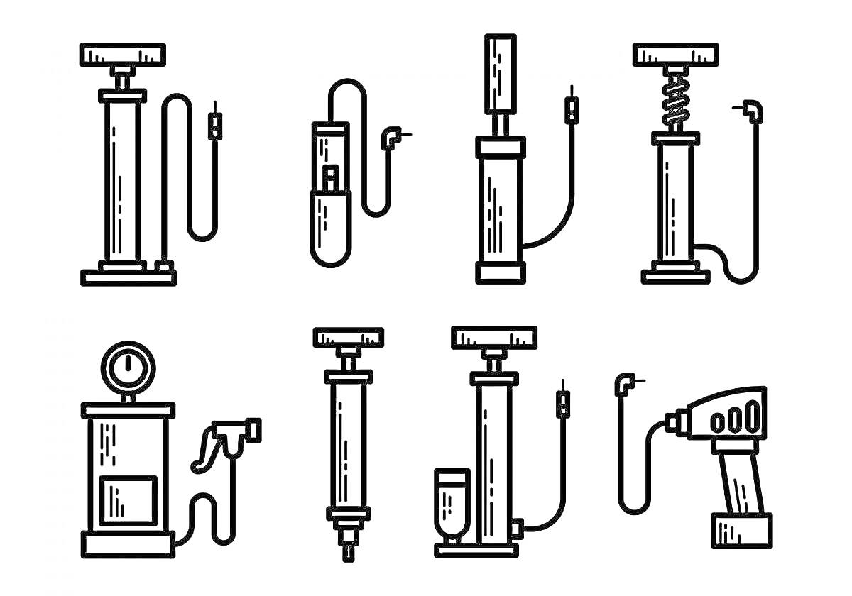 Рисунки с различными видами насосов. На изображении представлены: ручной насос, электрический велосипедный насос, насос с манометром, автомобильный насос, шприцевой насос, переносной электрический насос.