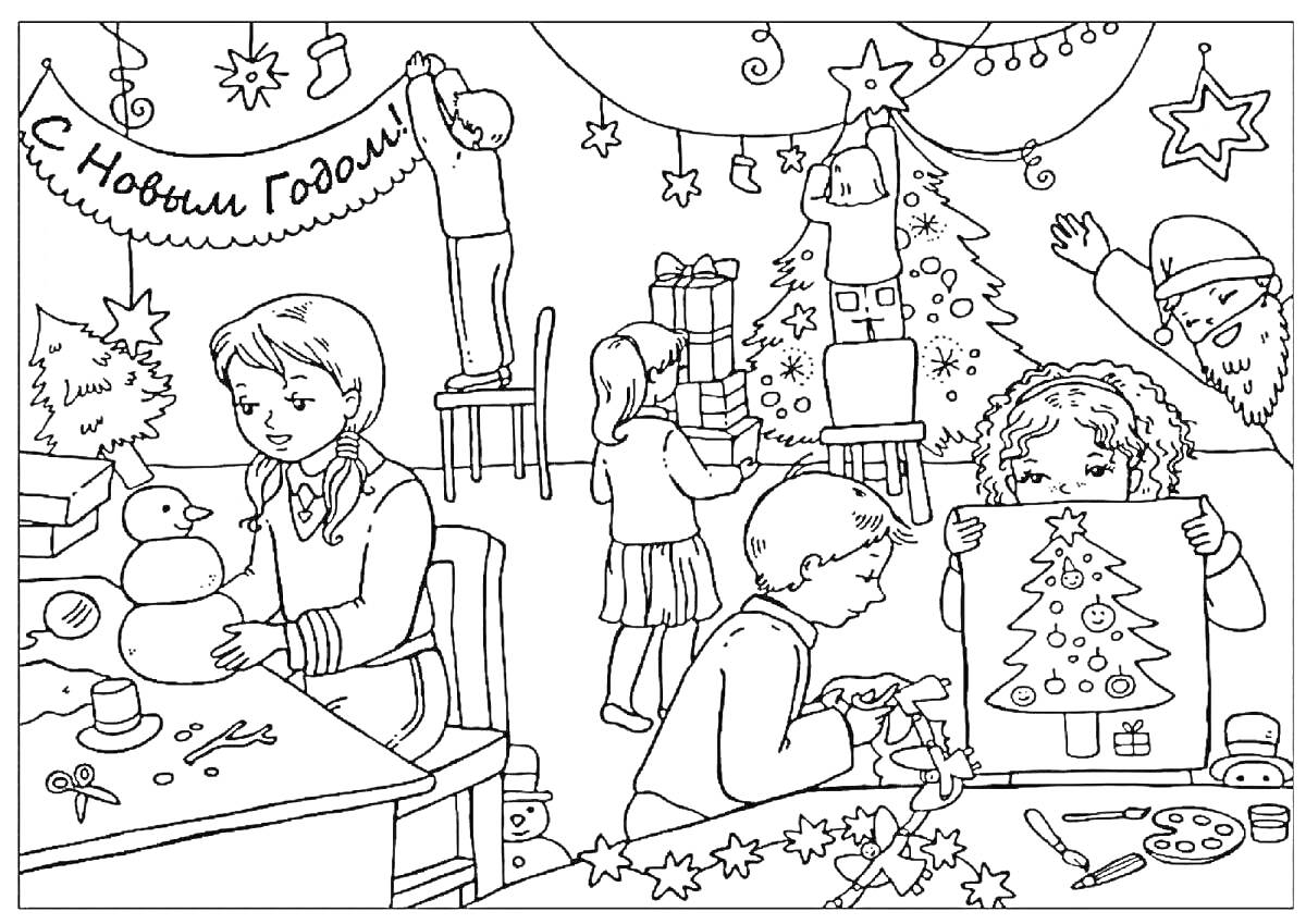 Раскраска Дети украшают елку, лепят снеговика и рисуют рождественскую елку
