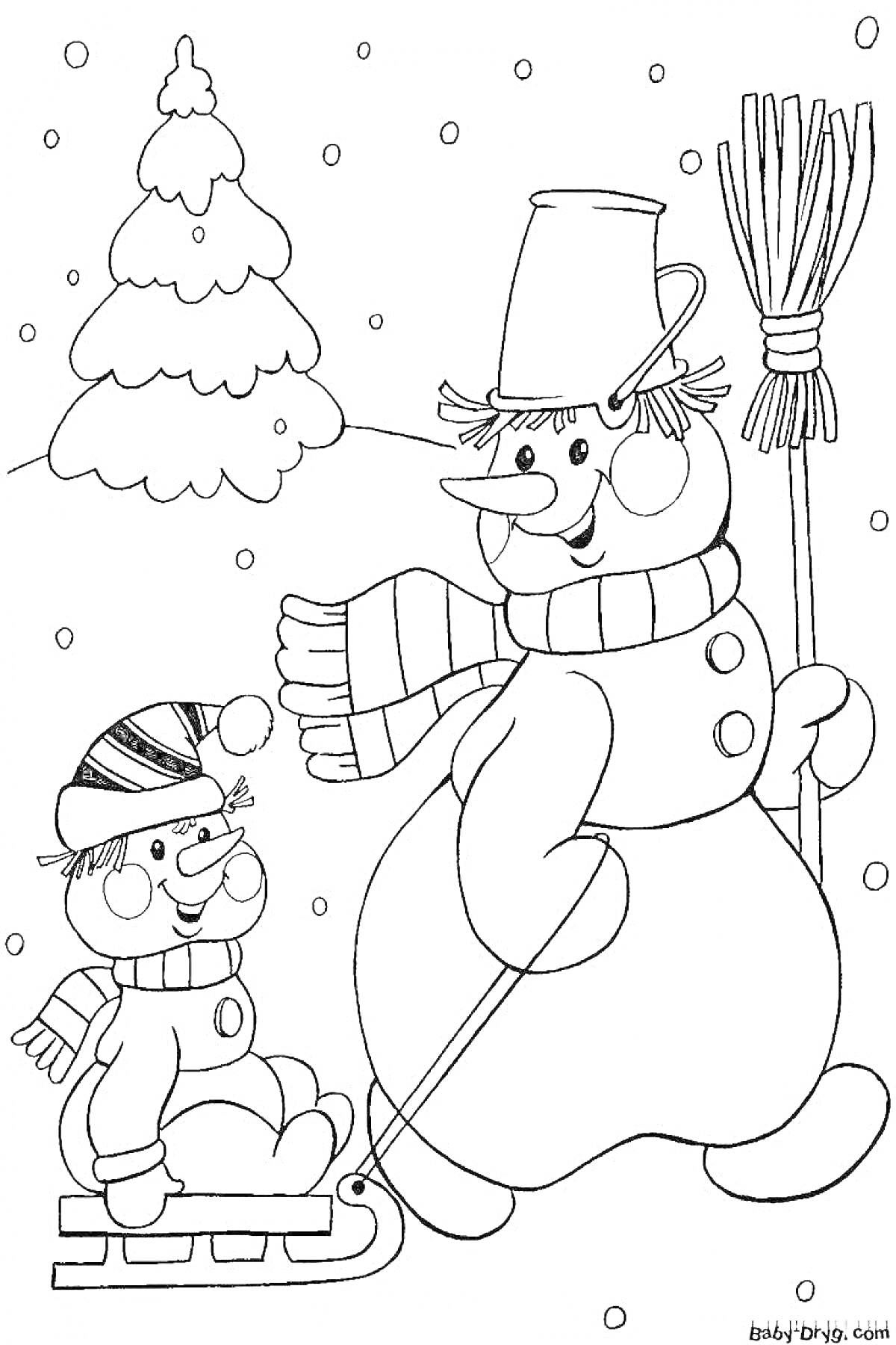 Раскраска Снеговик и малыш на санках зимой
