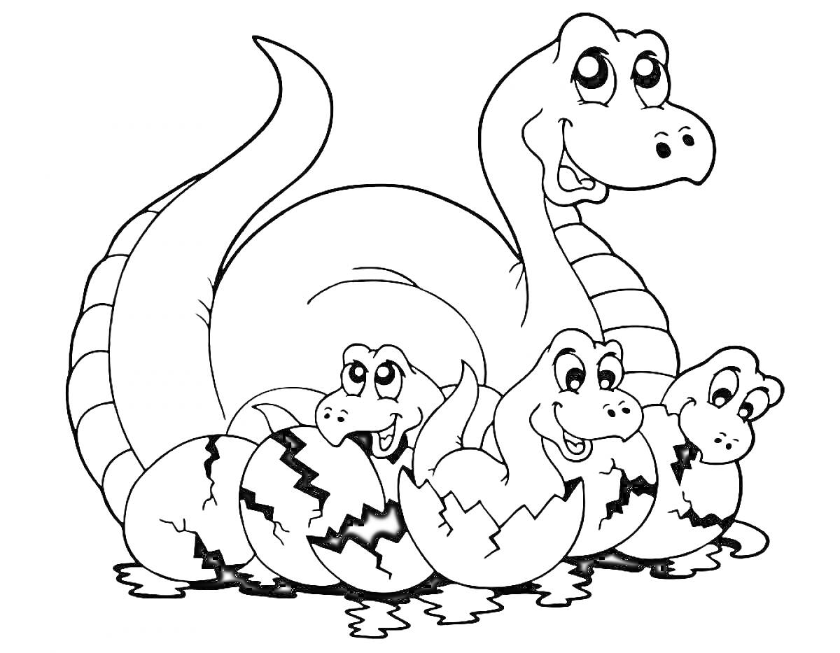 Раскраска Динозавр с детёнышами в яйцах