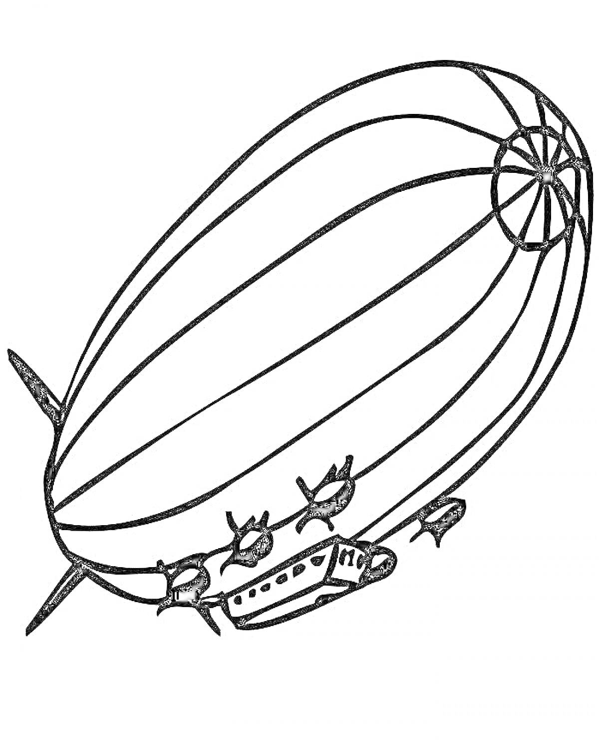 Раскраска Дирижабль с гондолой и винтами