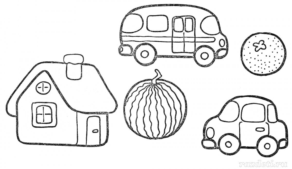 Раскраска Дом, два автомобиля, мандарин и арбуз